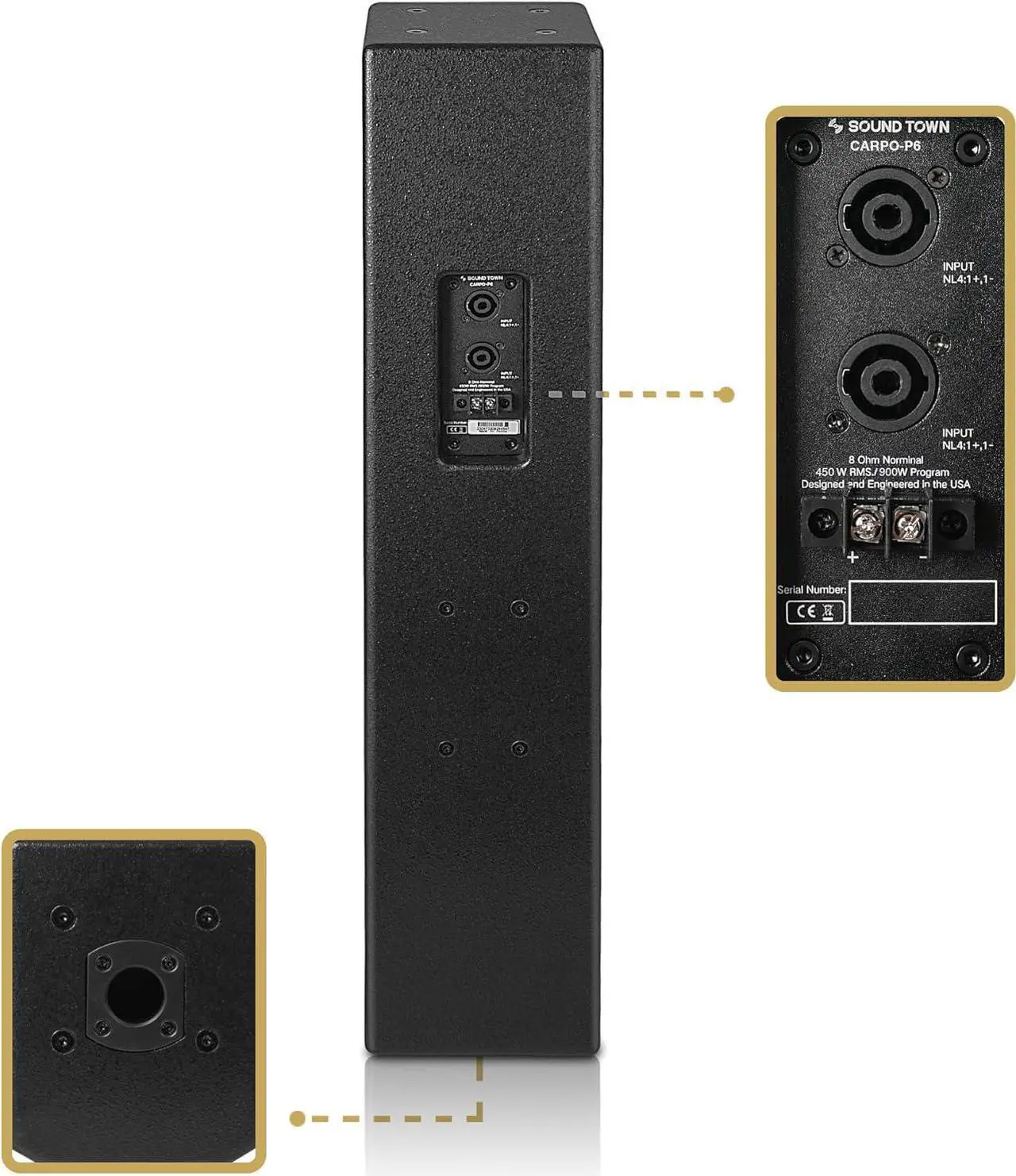 Alt view image 2 of 7 - Sound Town High-Power 900W Passive Column Line Array Speaker with 4x5-Inch Woofers, Dual Compression Drivers, Birch Plywood, Wall Mount for Installations, Conference, Black (CARPO-P6B)