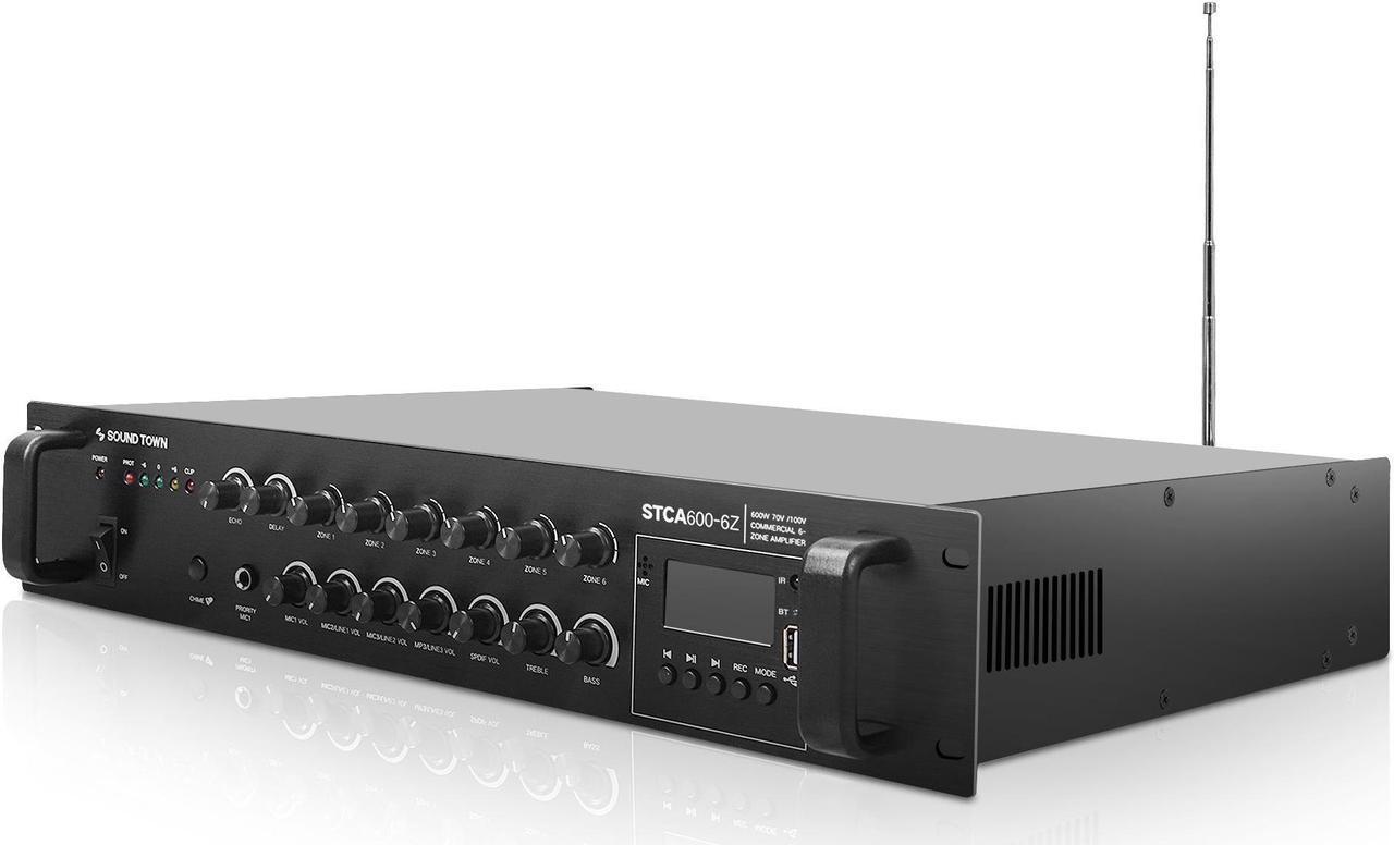 Alt view image 3 of 5 - Sound Town 600W 6-Zone 70V/100V Commercial Power Amplifier with Bluetooth, Optical, Phantom Power, for Restaurants, Lounges, Bars, Pubs, Schools (STCA600-6Z)