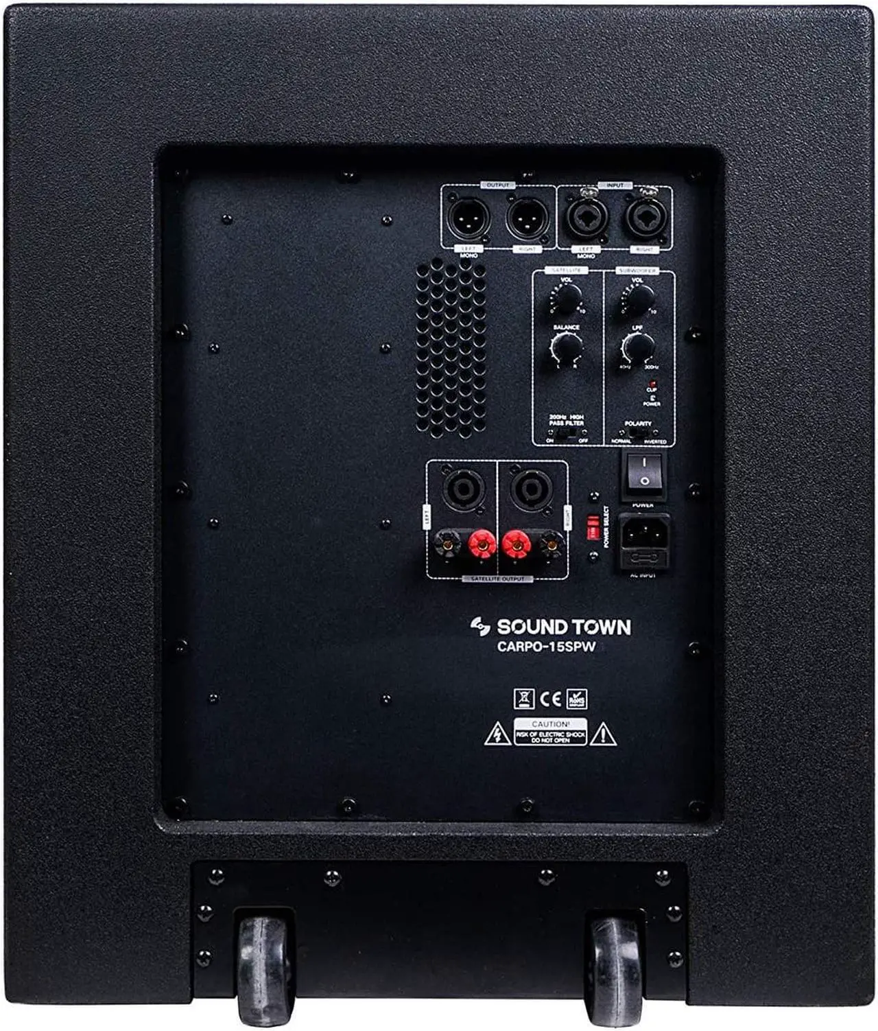 Alt view image 4 of 8 - Sound Town 1600 Watts 15” Powered Subwoofer with 2 Speaker Outputs, Plywood Enclosure and 2 Wheels, Black (CARPO-15SPW)