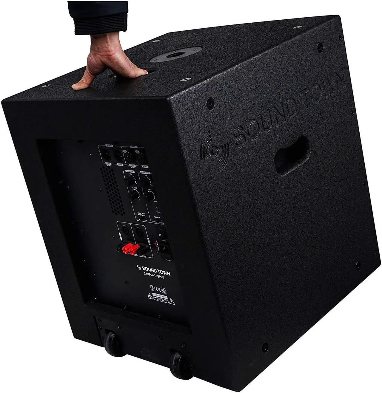 Alt view image 6 of 8 - Sound Town 1600 Watts 15” Powered Subwoofer with 2 Speaker Outputs, Plywood Enclosure and 2 Wheels, Black (CARPO-15SPW)