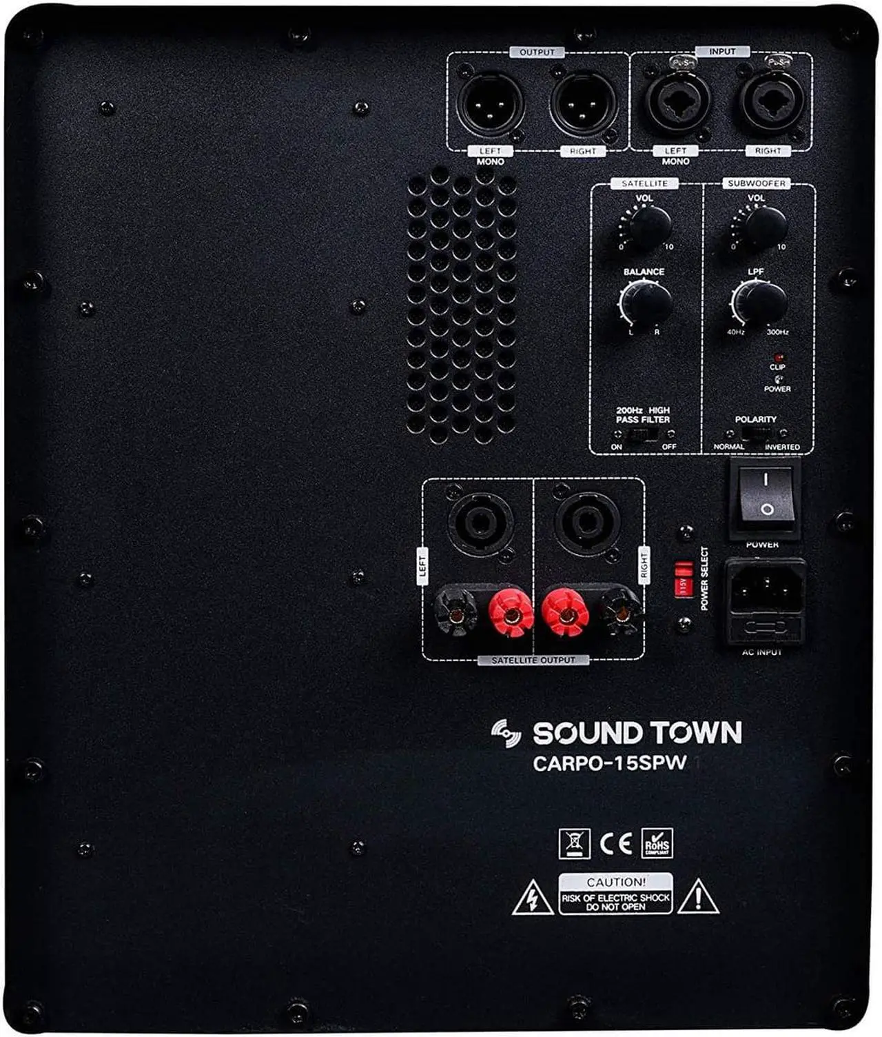 Alt view image 5 of 8 - Sound Town 1600 Watts 15” Powered Subwoofer with 2 Speaker Outputs, Plywood Enclosure and 2 Wheels, Black (CARPO-15SPW)