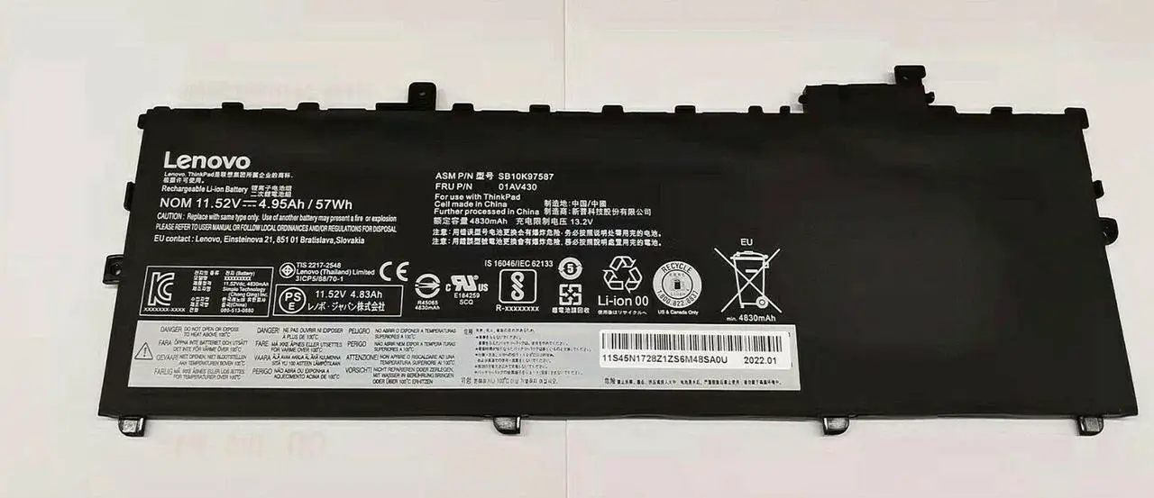 Alt view image 4 of 5 - New Genuine OEM Lenovo Battery 57Wh SB10K97587 SB10K97588 01AV494 SB10K97586 01AV429 SB10K97586 ThinkPad X1 Carbon 5th Gen 2017 6th Gen 2018 Series 11.52V 01AV431 01AV430