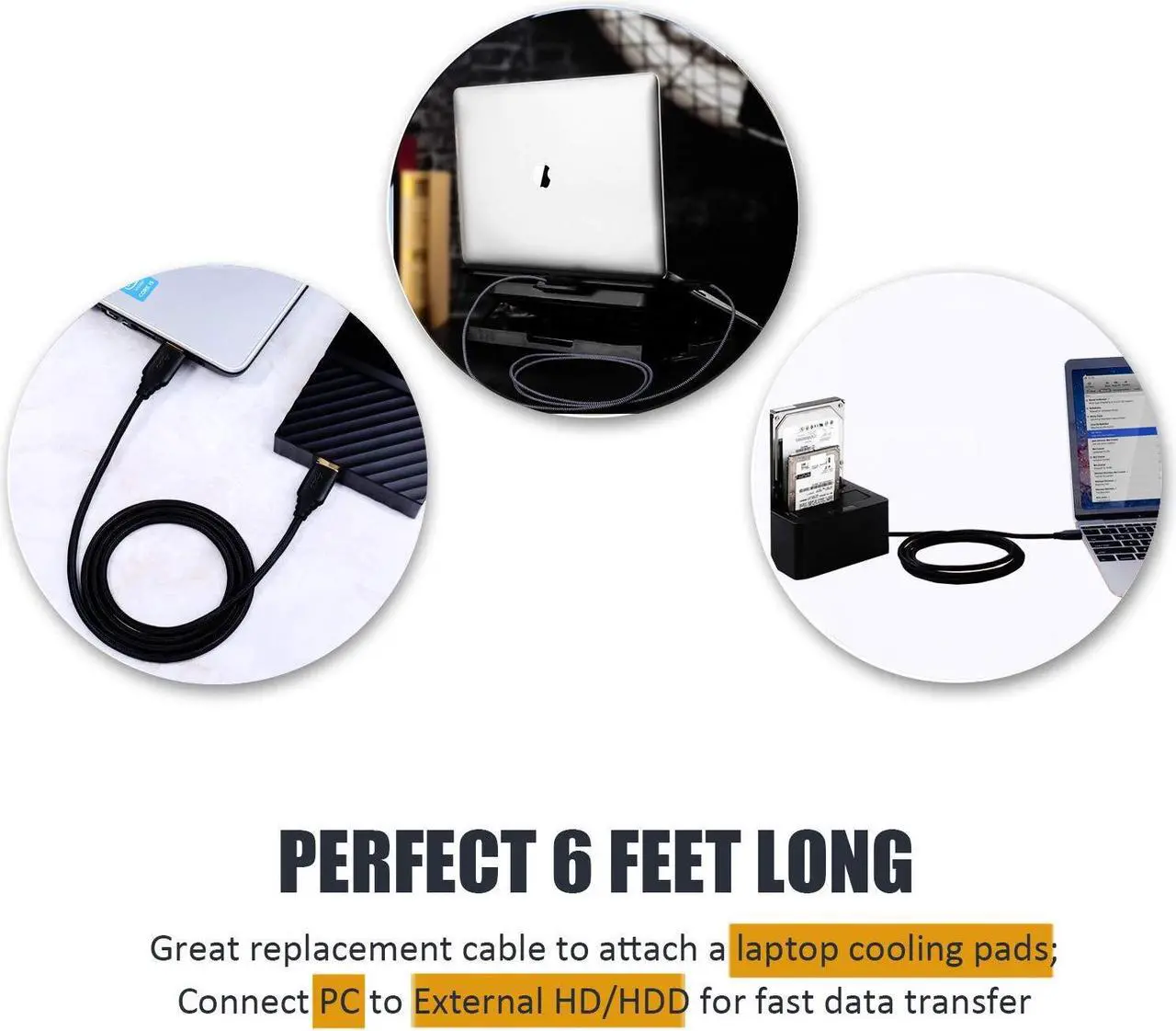 Alt view image 3 of 7 - USB 3.0 Cable Male to Male 2-Pack Braided 6ft USB to USB Cable Type A Male Double End USB Cord Compatible Hard Drive Enclosures DVD Player Laptop Cooler - Black
