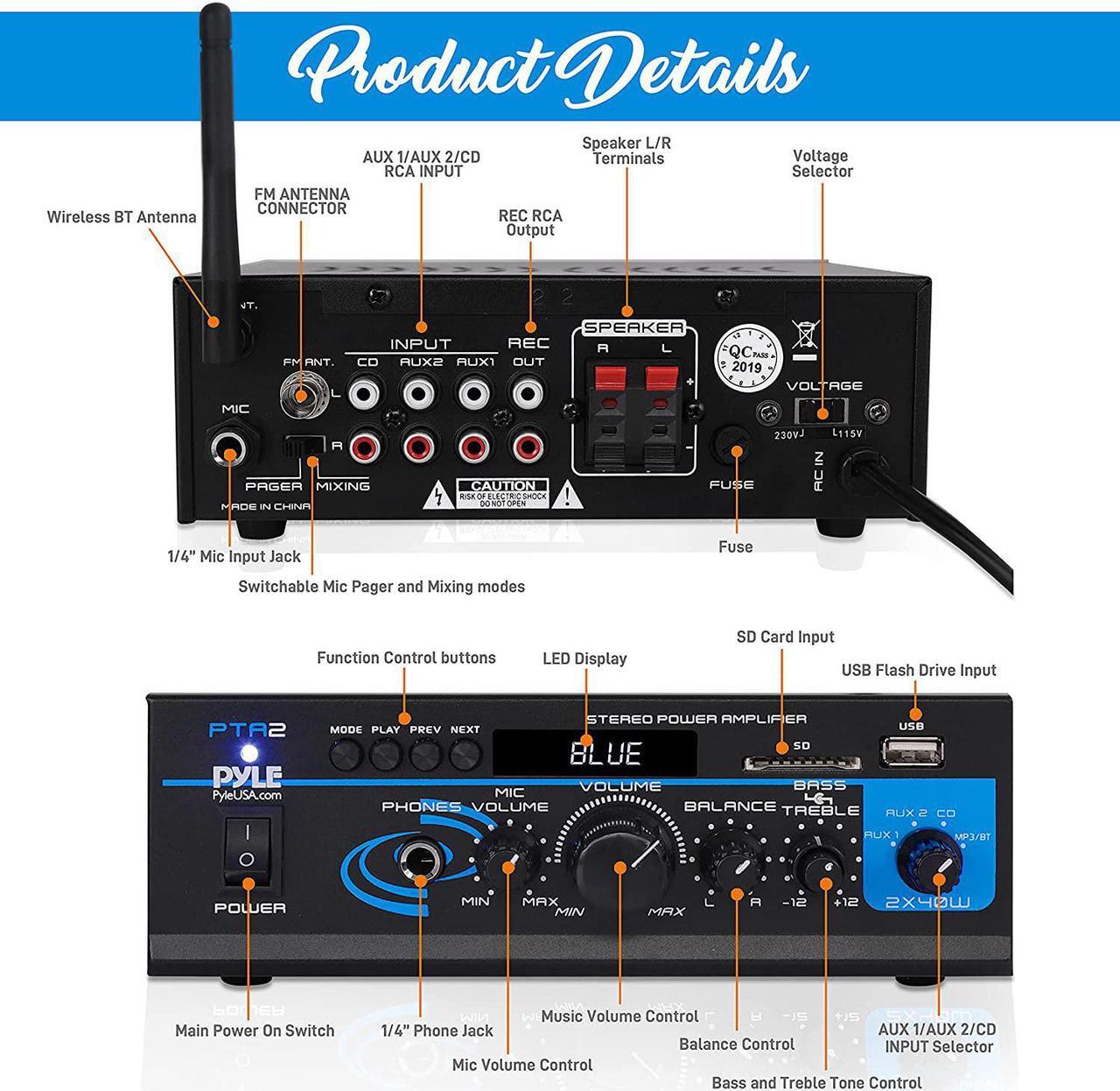 Alt view image 9 of 20 - Home Audio Power Amplifier System - 2X40W Mini Dual Channel Mixer Sound Stereo Receiver Box w/ AUX, Mic Input - For Amplified Speakers, PA, CD Player, Theater via RCA, Studio Use - Pyle PTA2