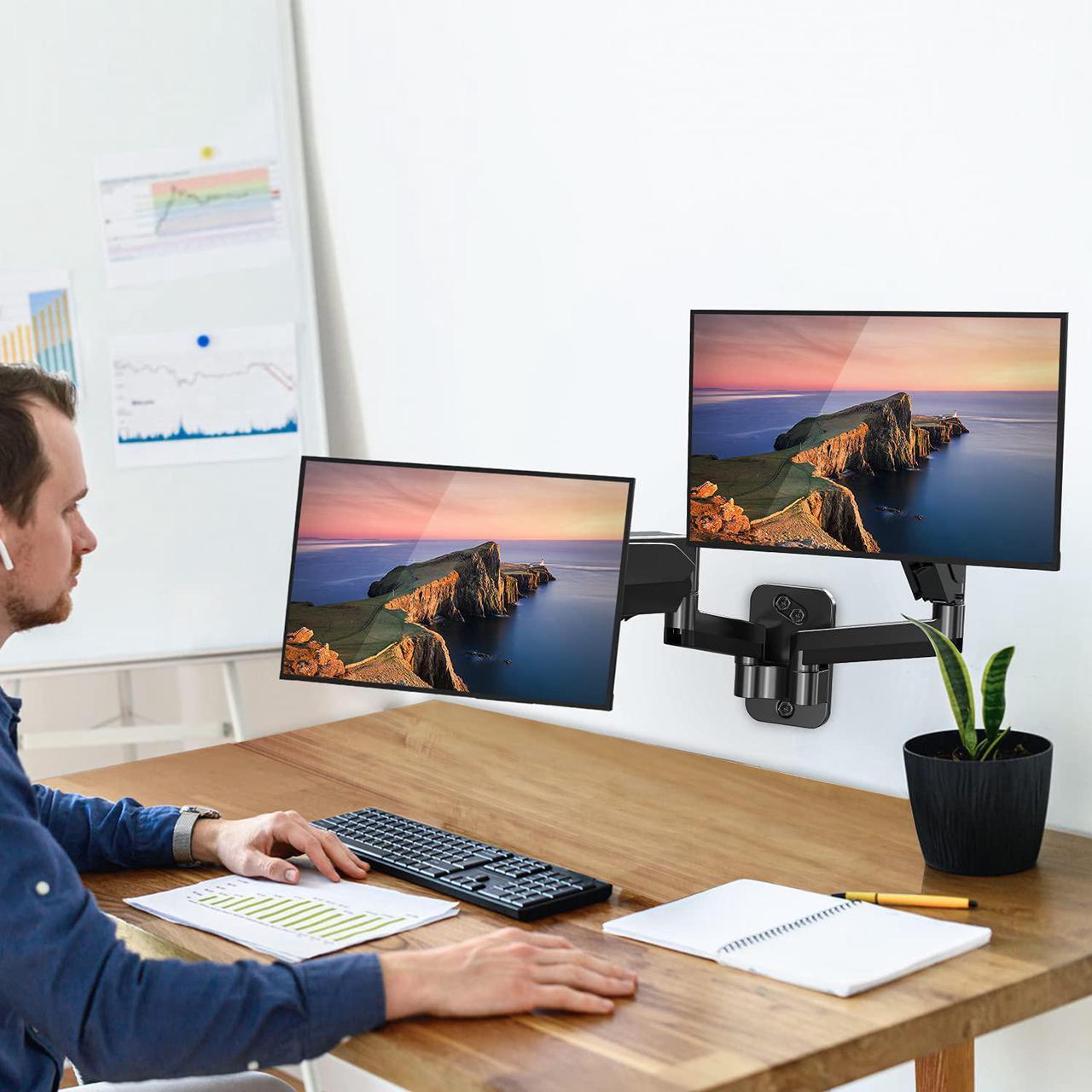 Alt view image 2 of 7 - Dual Monitor Wall Mount For 13 To 32 Inch Computer Screens, Gas Spring Wall Monitor Arm For 2 Monitors, Each Holds Up To 17.6Lbs, Full Motion Wall Monitor Mount With Vesa 75X75 100X100