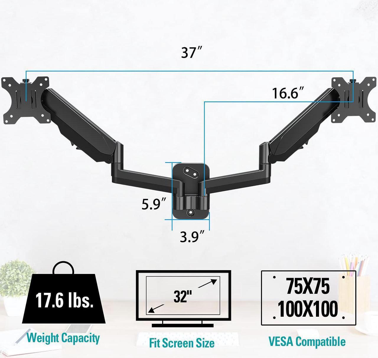Alt view image 4 of 7 - Dual Monitor Wall Mount For 13 To 32 Inch Computer Screens, Gas Spring Wall Monitor Arm For 2 Monitors, Each Holds Up To 17.6Lbs, Full Motion Wall Monitor Mount With Vesa 75X75 100X100