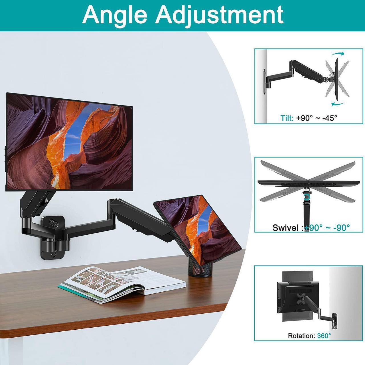 Alt view image 5 of 7 - Dual Monitor Wall Mount For 13 To 32 Inch Computer Screens, Gas Spring Wall Monitor Arm For 2 Monitors, Each Holds Up To 17.6Lbs, Full Motion Wall Monitor Mount With Vesa 75X75 100X100