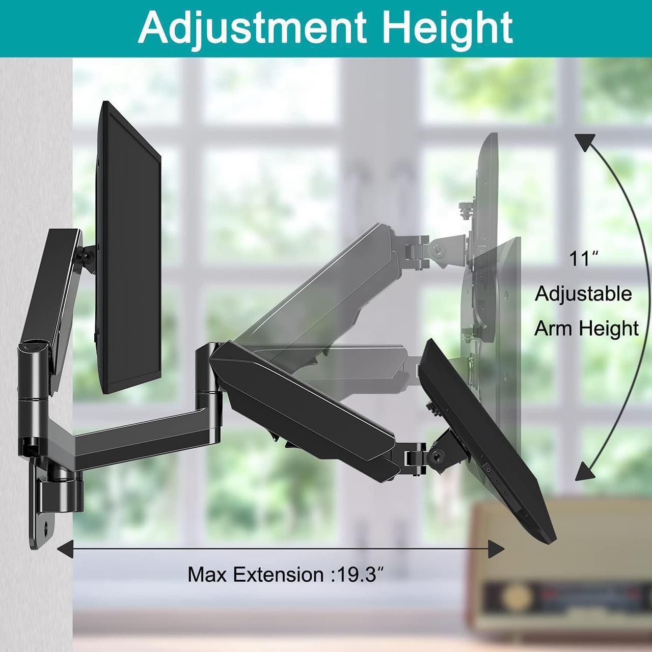 Alt view image 6 of 7 - Dual Monitor Wall Mount For 13 To 32 Inch Computer Screens, Gas Spring Wall Monitor Arm For 2 Monitors, Each Holds Up To 17.6Lbs, Full Motion Wall Monitor Mount With Vesa 75X75 100X100