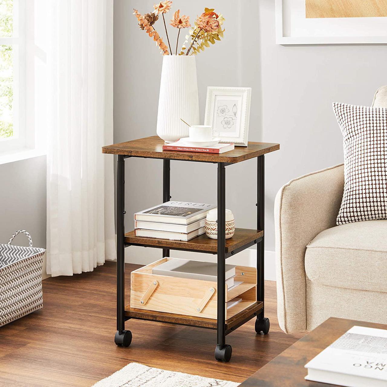 Alt view image 2 of 7 - Industrial Printer Stand, 3-Tier Machine Cart With Wheels And Adjustable Table Top, Heavy Duty Storage Rack For Office And Home, Rustic Brown And Black Uops003B01
