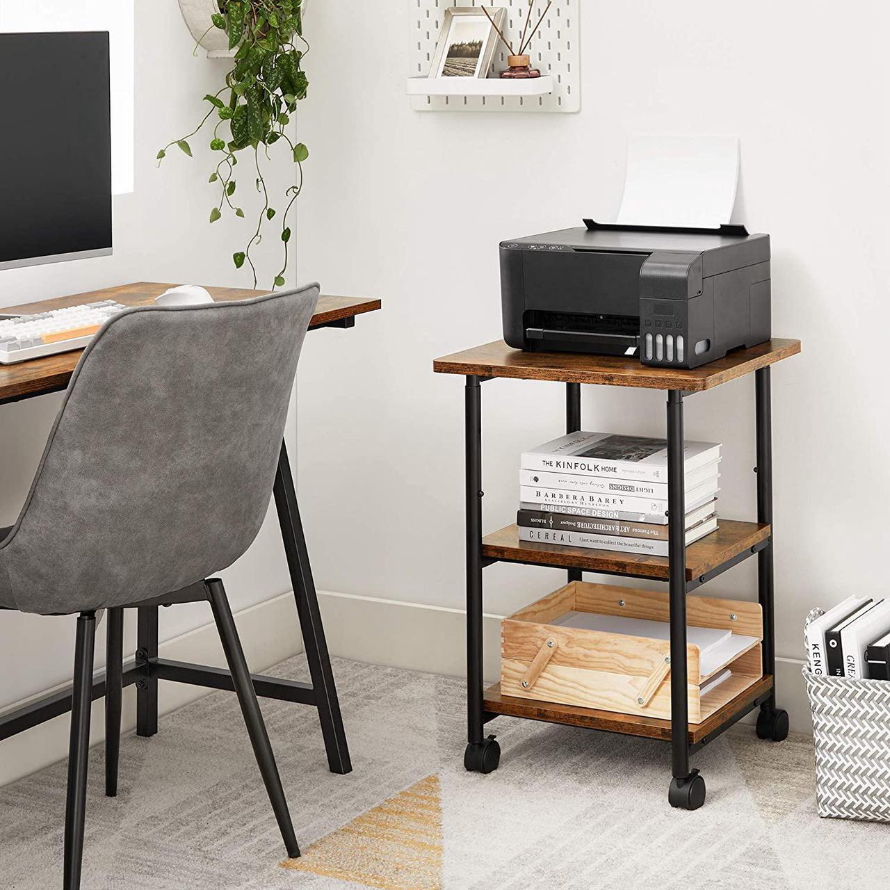 Alt view image 4 of 7 - Industrial Printer Stand, 3-Tier Machine Cart With Wheels And Adjustable Table Top, Heavy Duty Storage Rack For Office And Home, Rustic Brown And Black Uops003B01