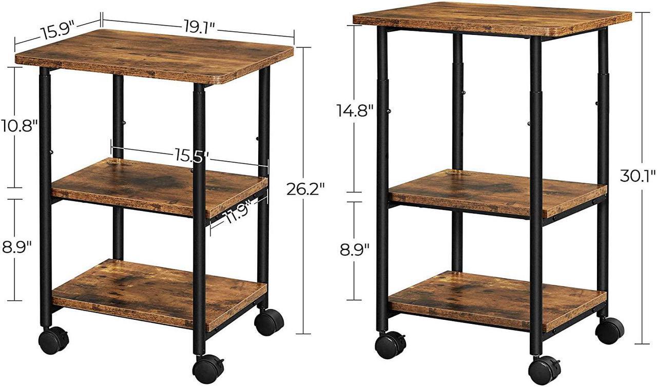 Alt view image 6 of 7 - Industrial Printer Stand, 3-Tier Machine Cart With Wheels And Adjustable Table Top, Heavy Duty Storage Rack For Office And Home, Rustic Brown And Black Uops003B01