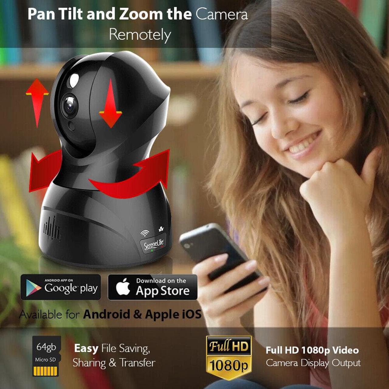 Alt view image 14 of 14 - SereneLife Indoor Wireless IP Camera - HD 1080p Network Security Surveillance Home Monitoring w/ Motion Detection, Night Vision, PTZ, 2 Way Audio - iPhone Android Mobile PC WiFi - IPCAMHD82