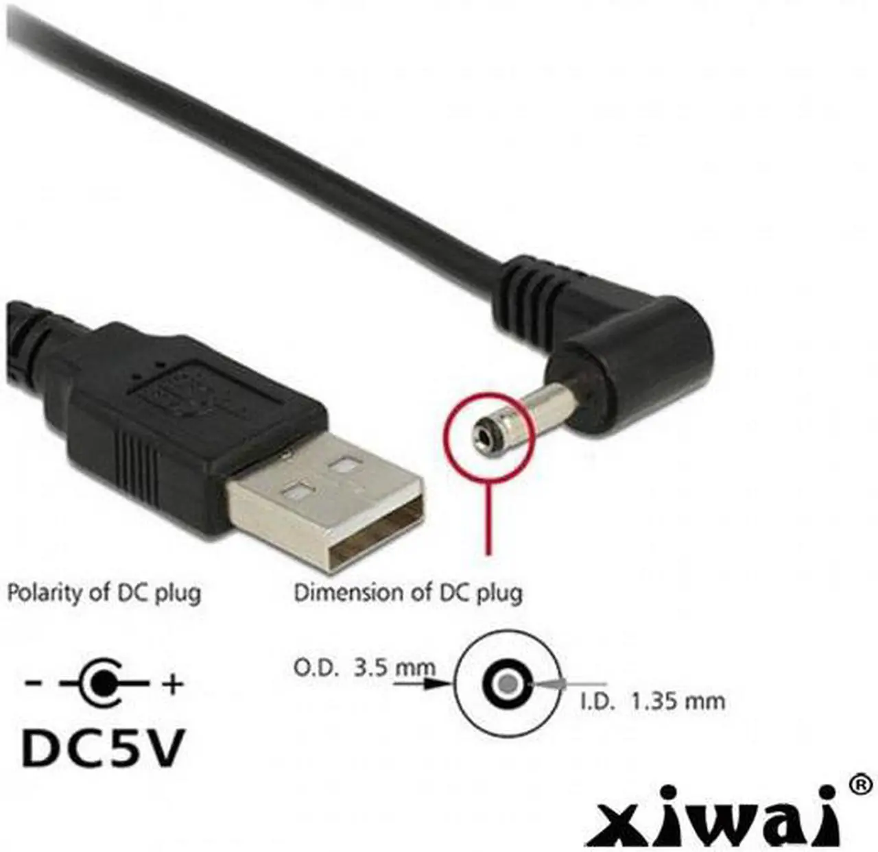Alt view image 3 of 3 - Xiwai USB 2.0 Male to Right Angled 90 Degree 3.5mm 1.35mm DC power Plug Barrel 5v Cable 80cm