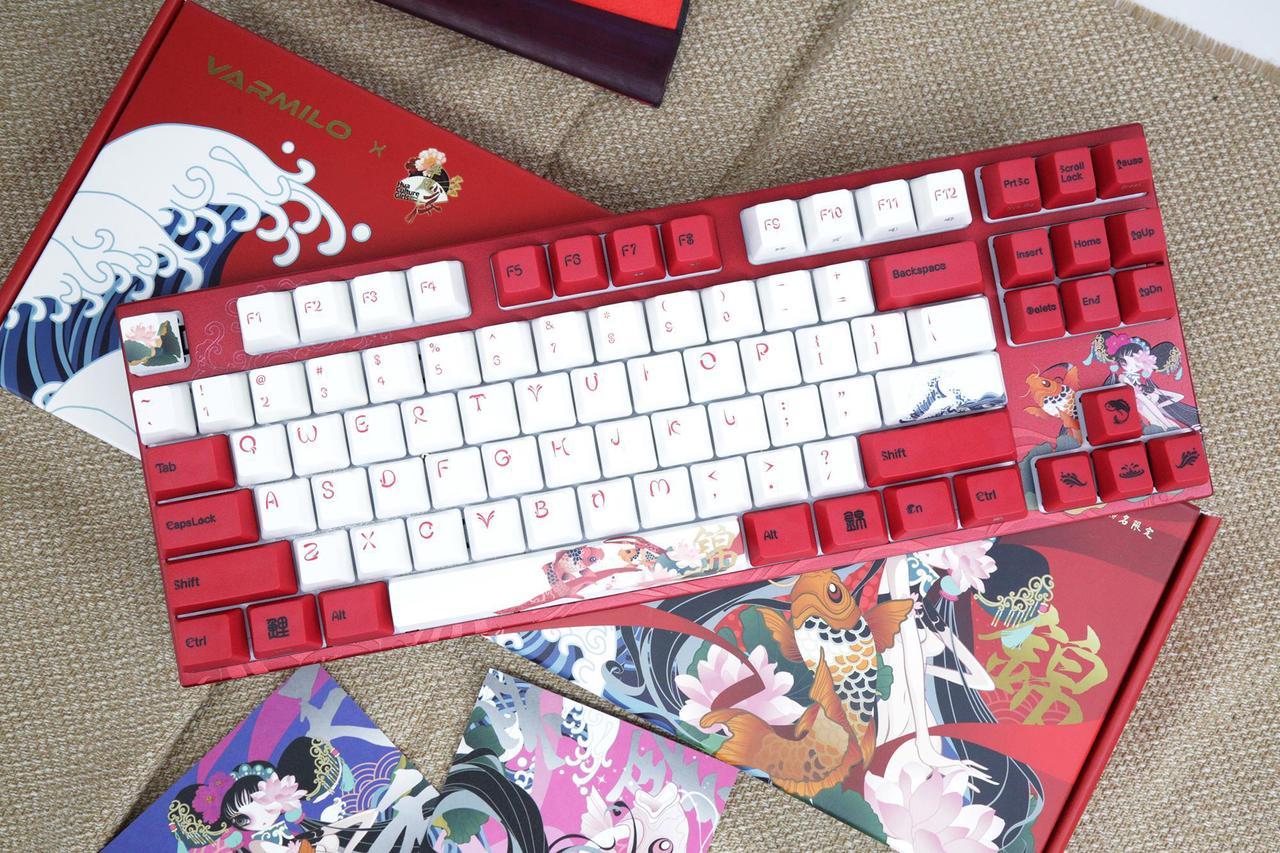 Varmilo VA87M Koi TKL Gaming Mechanical Keyboard Cherry MX Blue Switch 87 Keys Dye Sub PBT Keycaps NKRO Detachable USB Wired Red and White