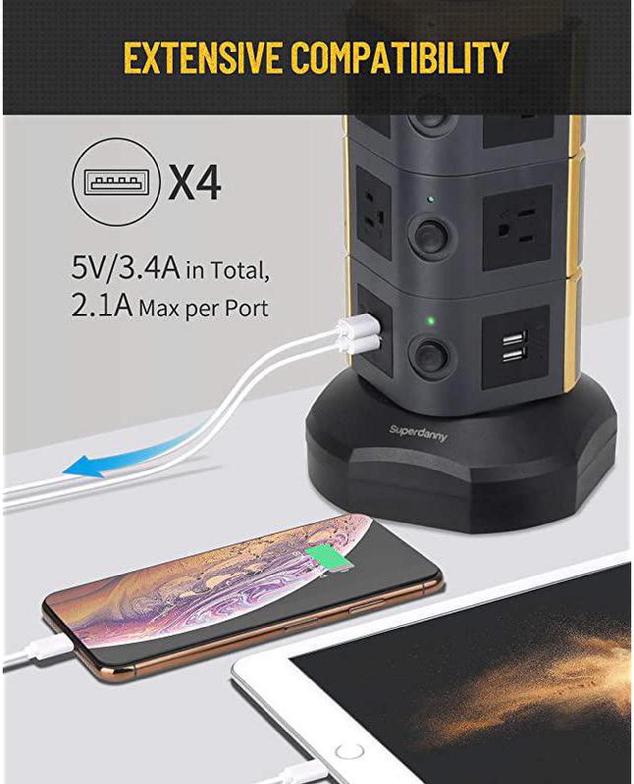 Alt view image 5 of 7 - Surge Protector Tower with 10W Wireless Charger Spin Power Strip Tower 3000W 13A Vertical Charging Station with 10AC Outlets+4USB Slots and 65ft Extension Cord for Home Office Garage