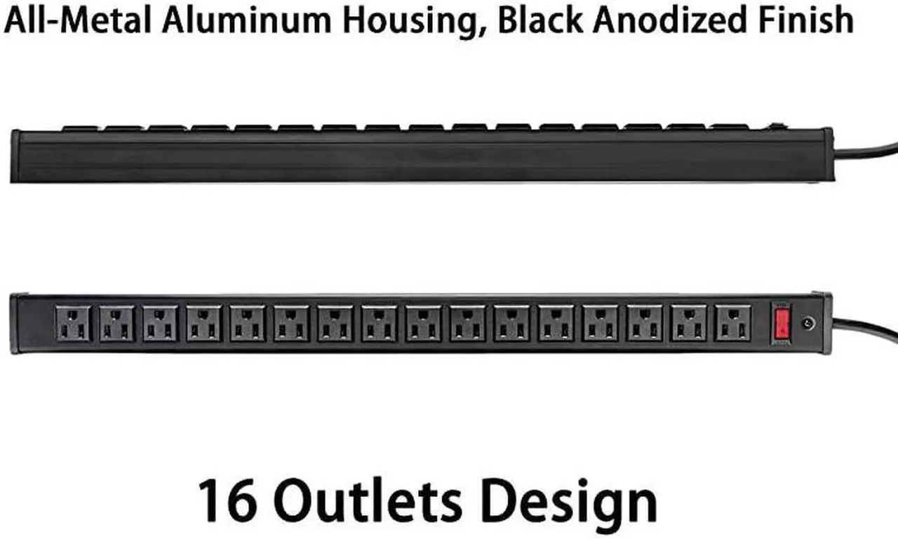 Alt view image 5 of 6 - Rack Mount Power Outlet 16 Outlet Heavy Duty Aluminum Socket AntiThunder Power Strip with 15Foot Extension Cord Surge Protector Duty Multi Plug Outlet with Smart Circuit Breaker Black
