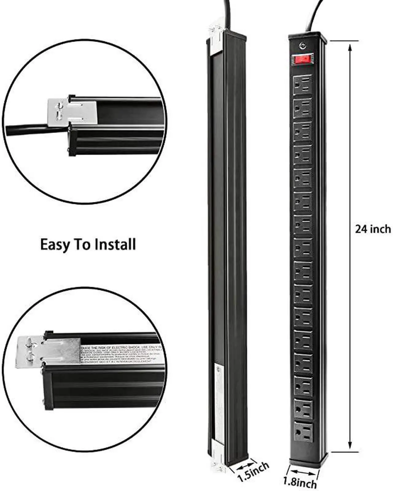 Alt view image 2 of 6 - Rack Mount Power Outlet 16 Outlet Heavy Duty Aluminum Socket AntiThunder Power Strip with 15Foot Extension Cord Surge Protector Duty Multi Plug Outlet with Smart Circuit Breaker Black