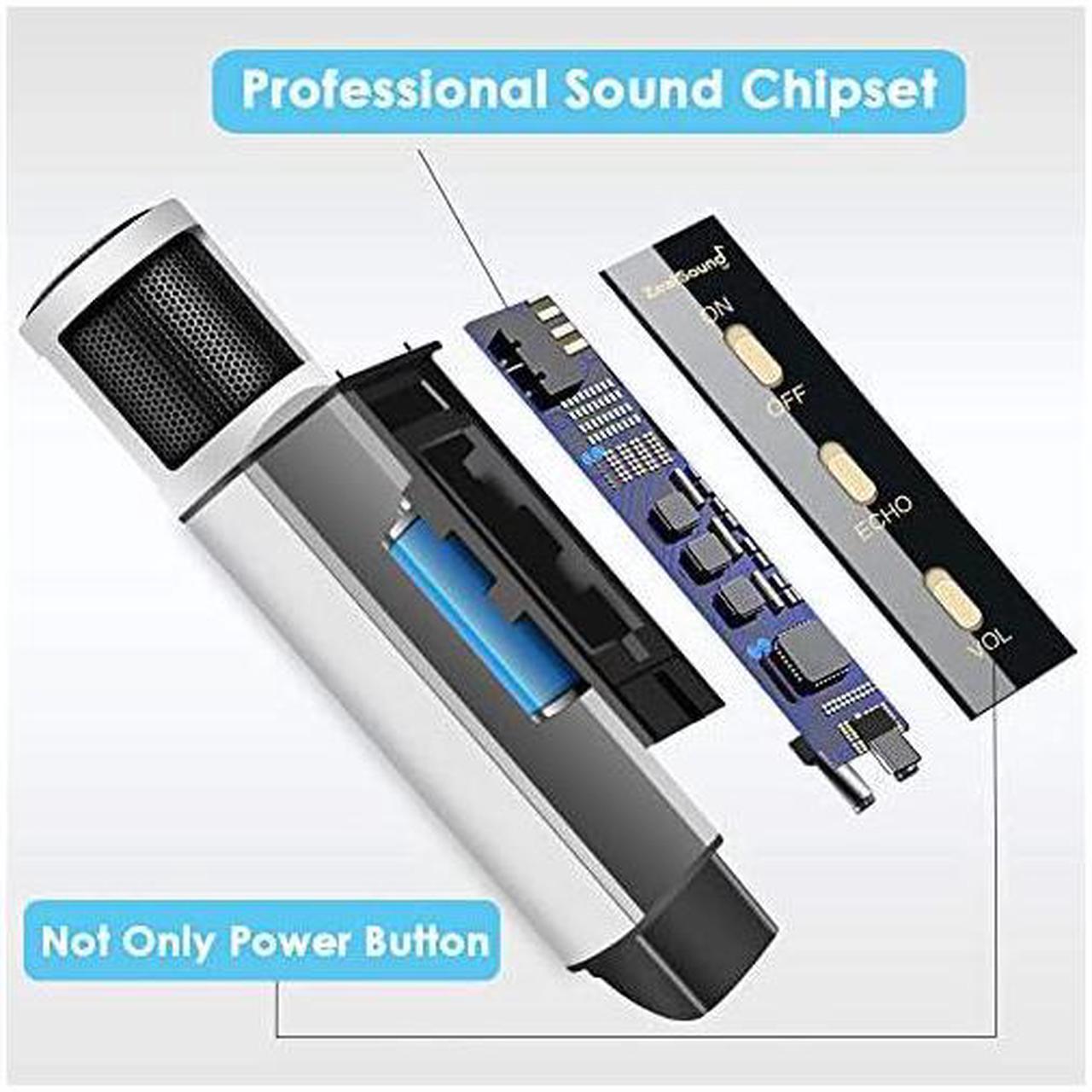 Alt view image 4 of 7 - Studio Microphone  Condenser Studio Microphone with Builtin Sound Card and Echo Effect Vocal Recording Computer Microphone wTripod Stand for YouTube PC Laptop Tablet and PhoneSilver