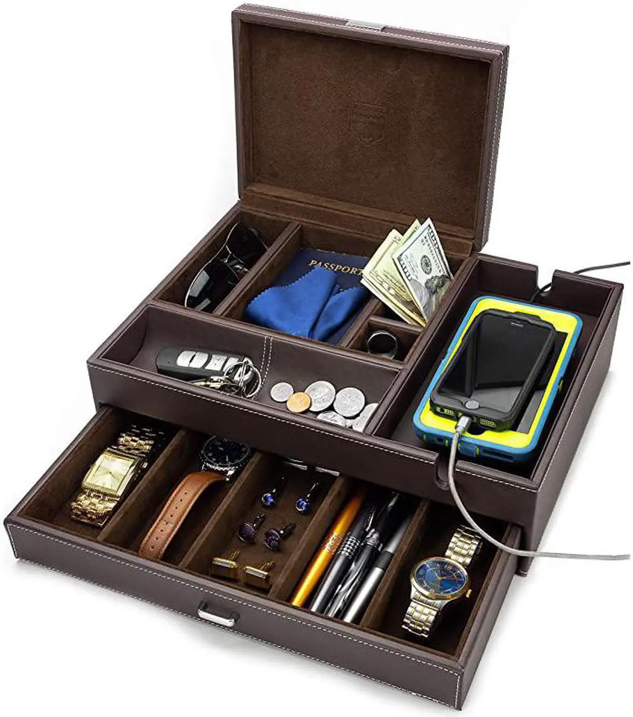 Main image of Admiral Big Dresser Valet Box amp Mens Jewelry Box Organizer with Large Smartphone Charging Station Dark Brown