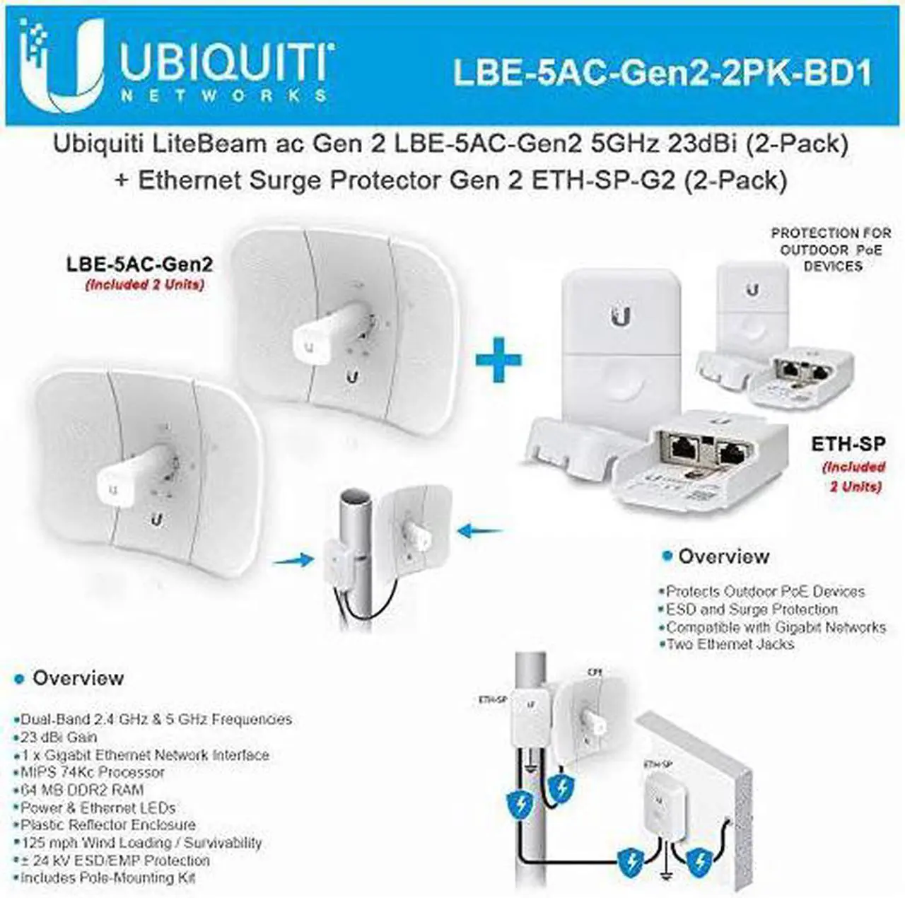 Main image of ac Gen 2 LBE5ACGen2 5GHz Airmax 2X2 MIMO 23dBi 450+ Mbps CPE 2Pack with Ethernet Surge Protector ETHSP for Outdoor HighSpeed 2Pack
