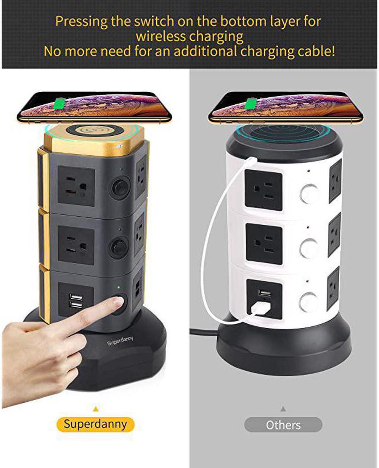 Alt view image 3 of 7 - Surge Protector Tower with 10W Wireless Charger Spin Power Strip Tower 3000W 13A Vertical Charging Station with 10AC Outlets+4USB Slots and 65ft Extension Cord for Home Office Garage