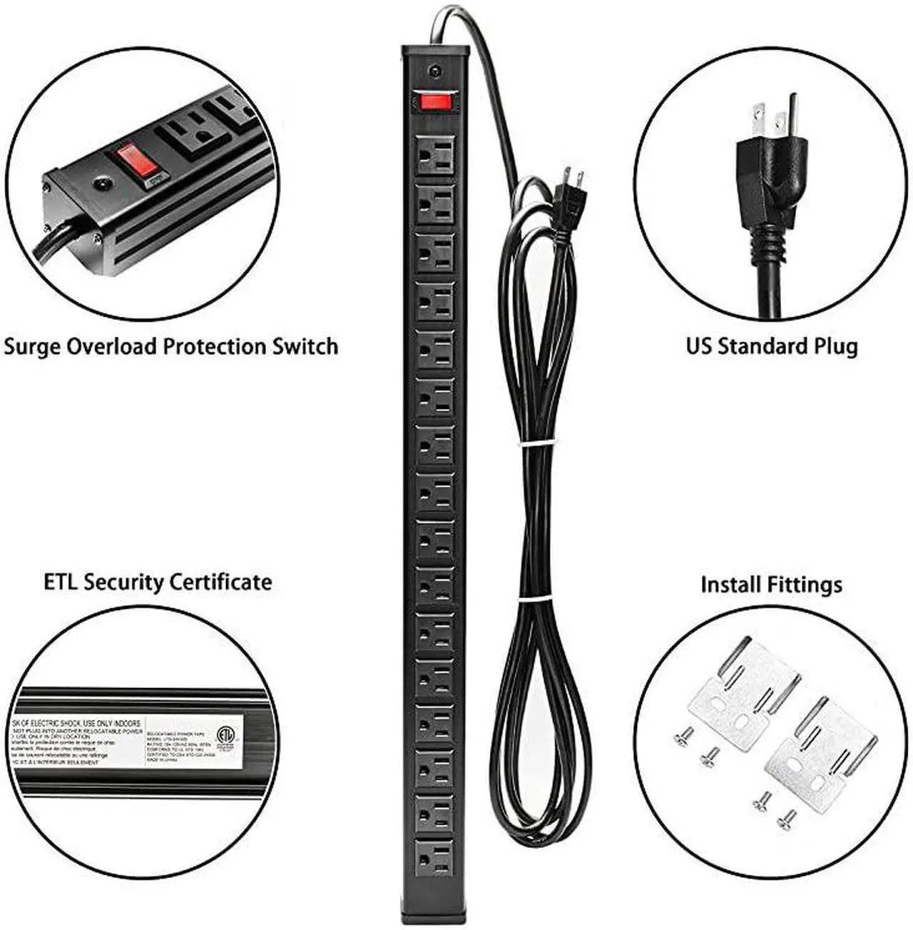 Alt view image 3 of 6 - Rack Mount Power Outlet 16 Outlet Heavy Duty Aluminum Socket AntiThunder Power Strip with 15Foot Extension Cord Surge Protector Duty Multi Plug Outlet with Smart Circuit Breaker Black