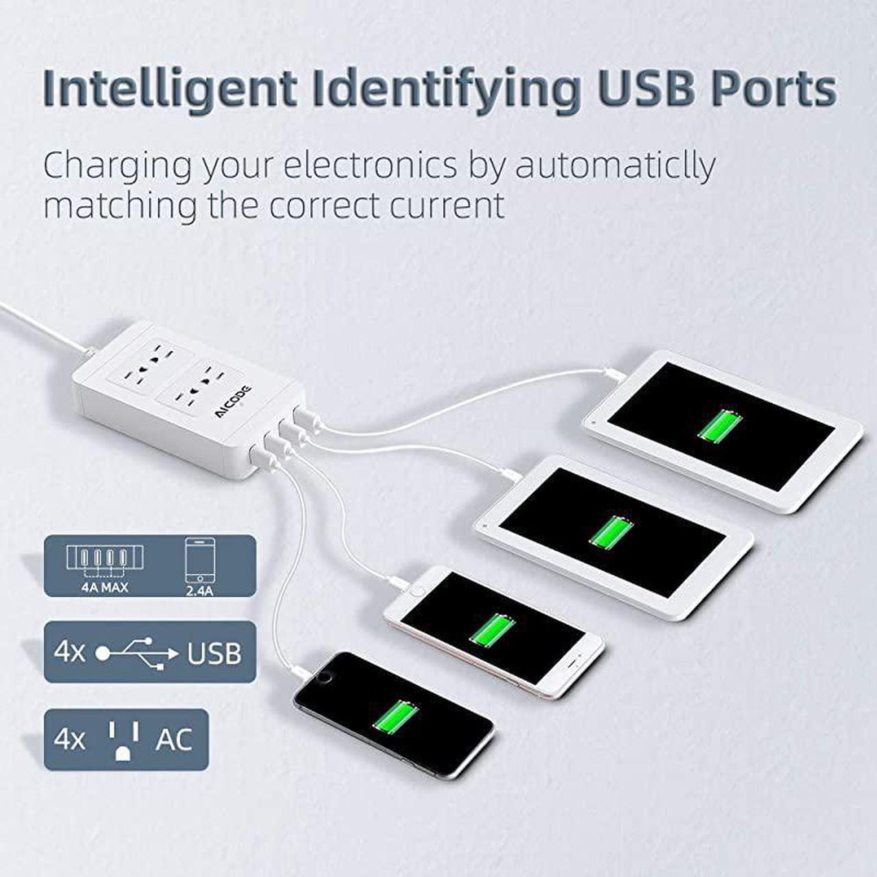 Alt view image 3 of 7 - Surge Protector Power Strip with USB4 Spaced Outlets Extension Board 4 Ports USB Charger24Ax4 6 ft Long Extension Cord 1700J 2500W 100240V White for HomeOfficeSchool by