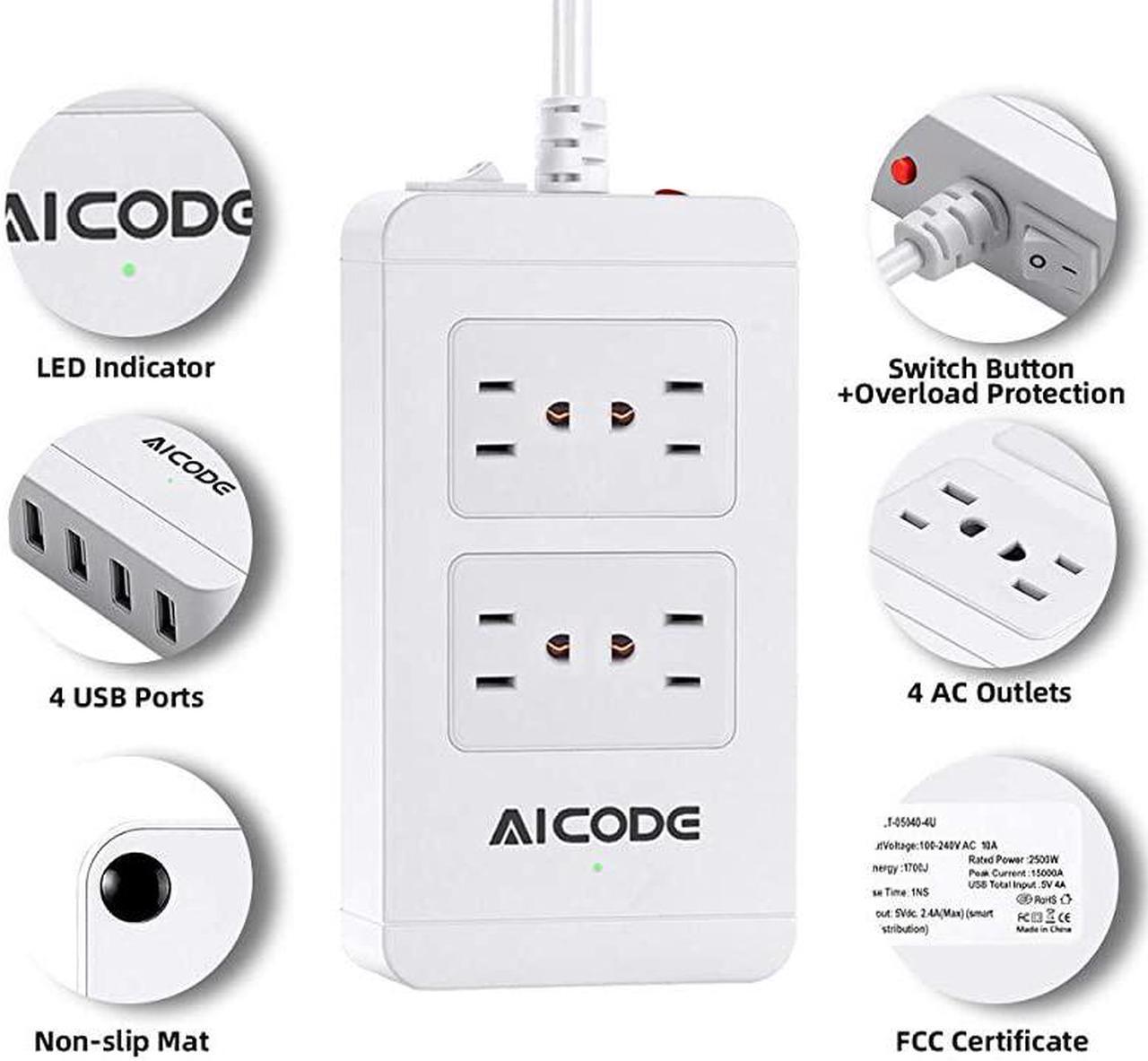 Alt view image 2 of 7 - Surge Protector Power Strip with USB4 Spaced Outlets Extension Board 4 Ports USB Charger24Ax4 6 ft Long Extension Cord 1700J 2500W 100240V White for HomeOfficeSchool by