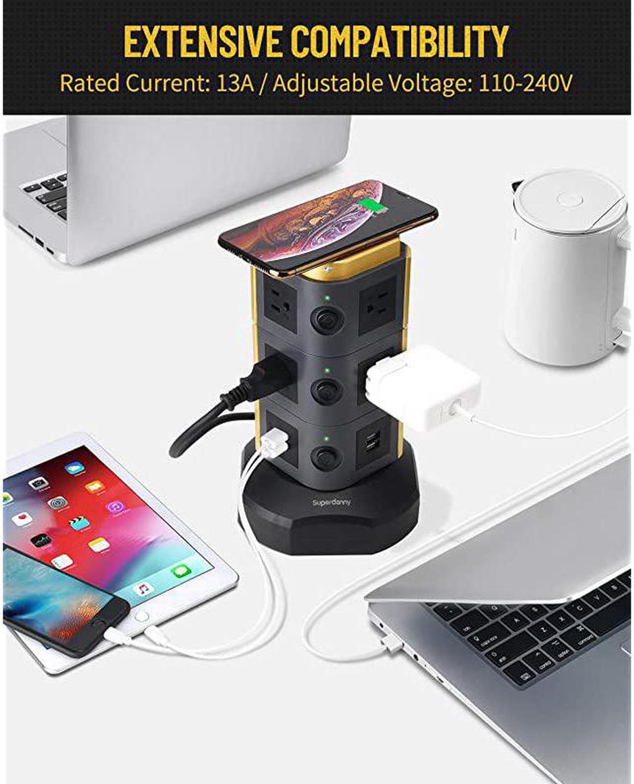 Alt view image 4 of 7 - Surge Protector Tower with 10W Wireless Charger Spin Power Strip Tower 3000W 13A Vertical Charging Station with 10AC Outlets+4USB Slots and 65ft Extension Cord for Home Office Garage