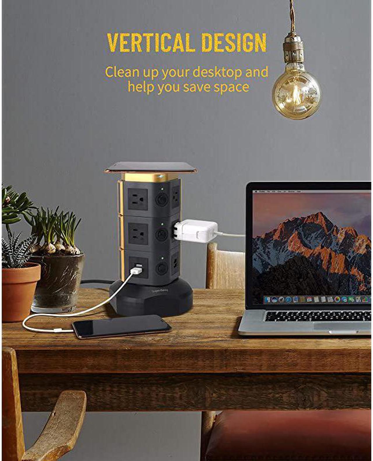 Alt view image 7 of 7 - Surge Protector Tower with 10W Wireless Charger Spin Power Strip Tower 3000W 13A Vertical Charging Station with 10AC Outlets+4USB Slots and 65ft Extension Cord for Home Office Garage