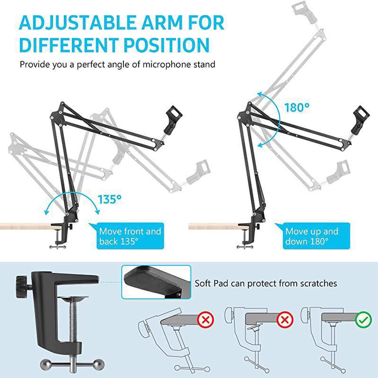 Alt view image 3 of 7 - Microphone Arm, Upgraded Mic Arm Microphone Stand Boom Suspension Stand with 3/8" to 5/8" Screw Adapter Clip for Blue Yeti Snowball, Yeti Nano, Yeti x and other Mic, Medium