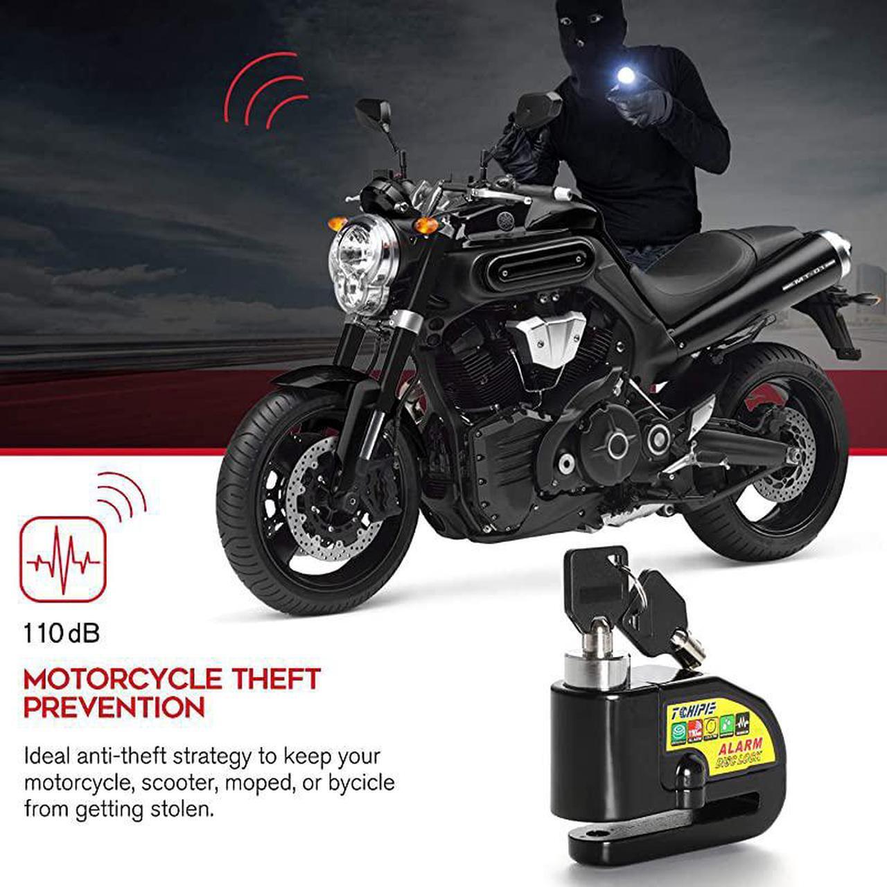 Alt view image 2 of 7 - Motorcycle Alarm Disc Brake Lock Anti Theft Motorbike Security Wheel Disk Lock for 7mm Brake Rotor with 110db Alarm Sound with 15m5ft Reminder Cable for Motorcycles Bicycles Black