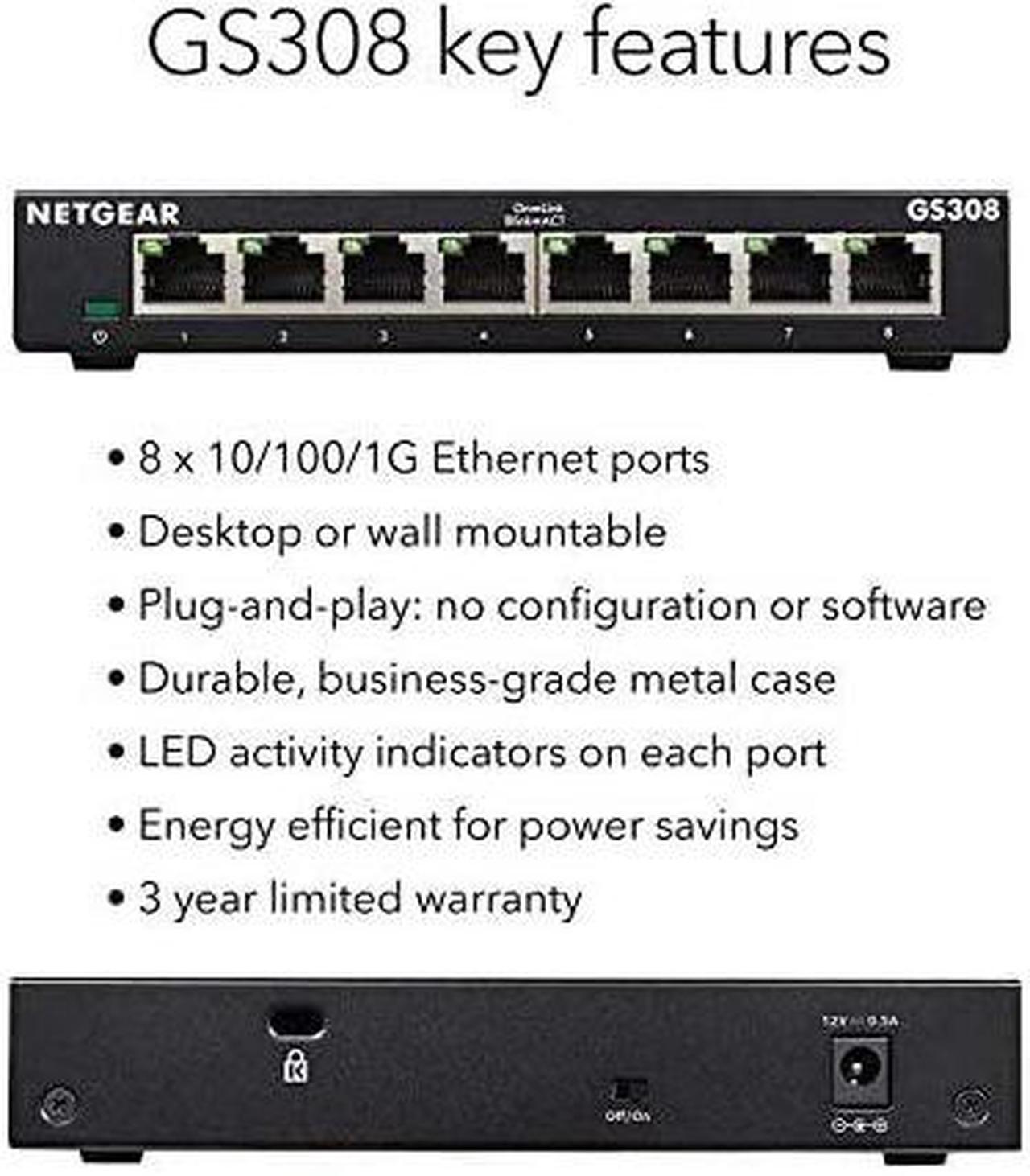 Alt view image 6 of 6 - 8Port Gigabit Ethernet Unmanaged Switch GS308 Home Network Hub Office Ethernet Splitter PlugandPlay Fanless Metal Housing Desktop or Wall Mount