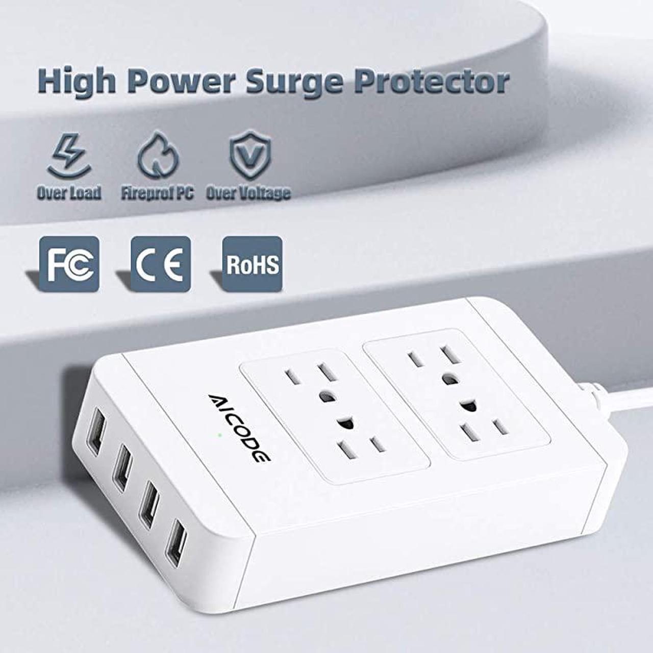 Alt view image 4 of 7 - Surge Protector Power Strip with USB4 Spaced Outlets Extension Board 4 Ports USB Charger24Ax4 6 ft Long Extension Cord 1700J 2500W 100240V White for HomeOfficeSchool by