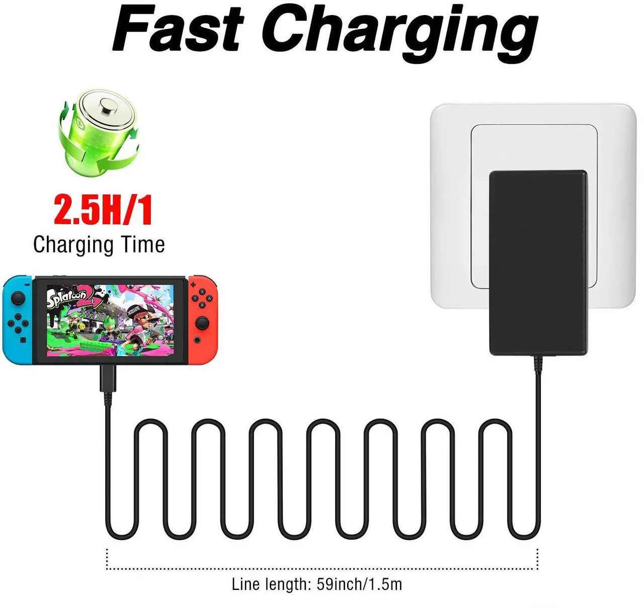 Alt view image 3 of 7 - Charger for Nintendo Switch,AC adapter for Nintendo Switch - Fast Travel Wall Charger with 5FT USB Type C Cable 15V/2.6A Power Supply for Nintendo Switch Supports TV Mode and Dock Station