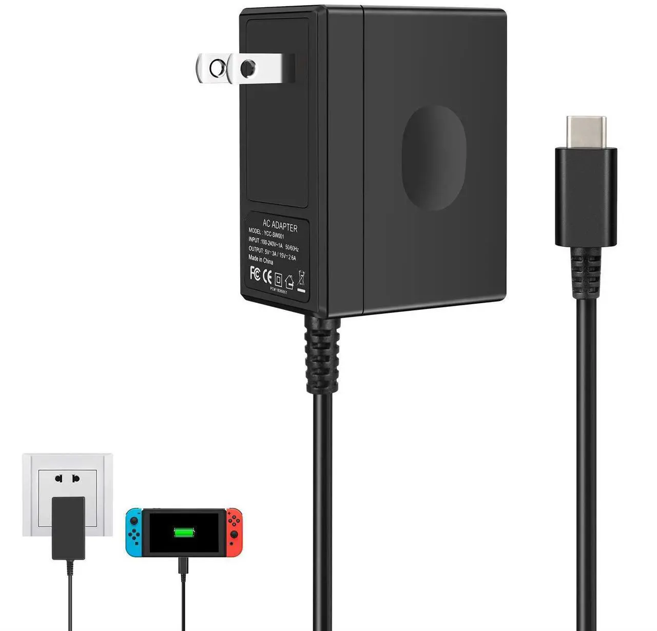 Main image of Charger for Nintendo Switch,AC adapter for Nintendo Switch - Fast Travel Wall Charger with 5FT USB Type C Cable 15V/2.6A Power Supply for Nintendo Switch Supports TV Mode and Dock Station