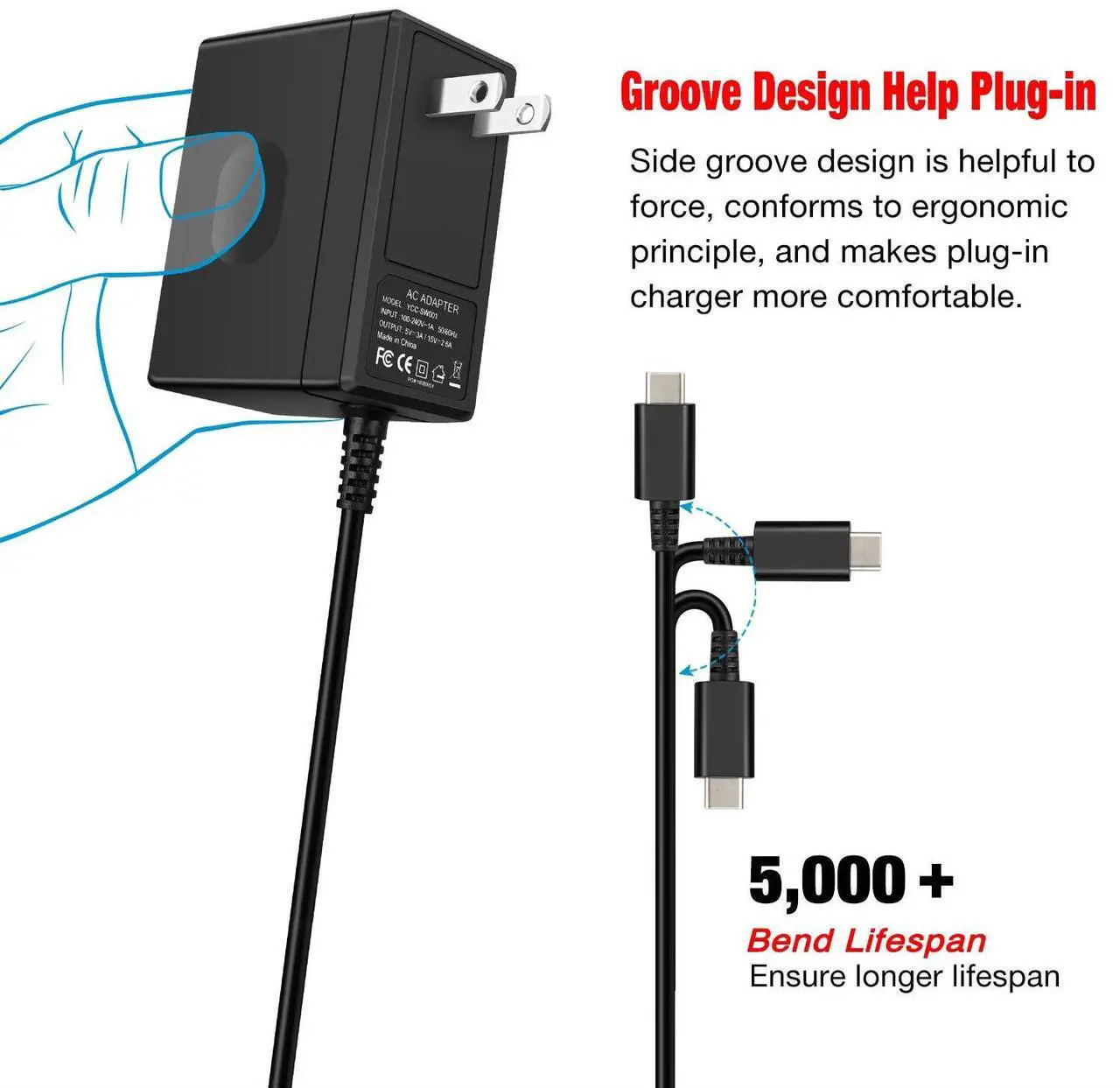 Alt view image 6 of 7 - Charger for Nintendo Switch,AC adapter for Nintendo Switch - Fast Travel Wall Charger with 5FT USB Type C Cable 15V/2.6A Power Supply for Nintendo Switch Supports TV Mode and Dock Station