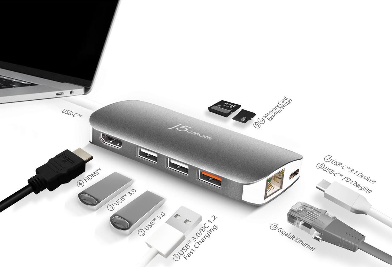 Alt view image 3 of 20 - j5create USB-C Multi Adapter-HDMI / Ethernet / USB 3.1 / PD 3.0 / Memory Card Reader / Writer