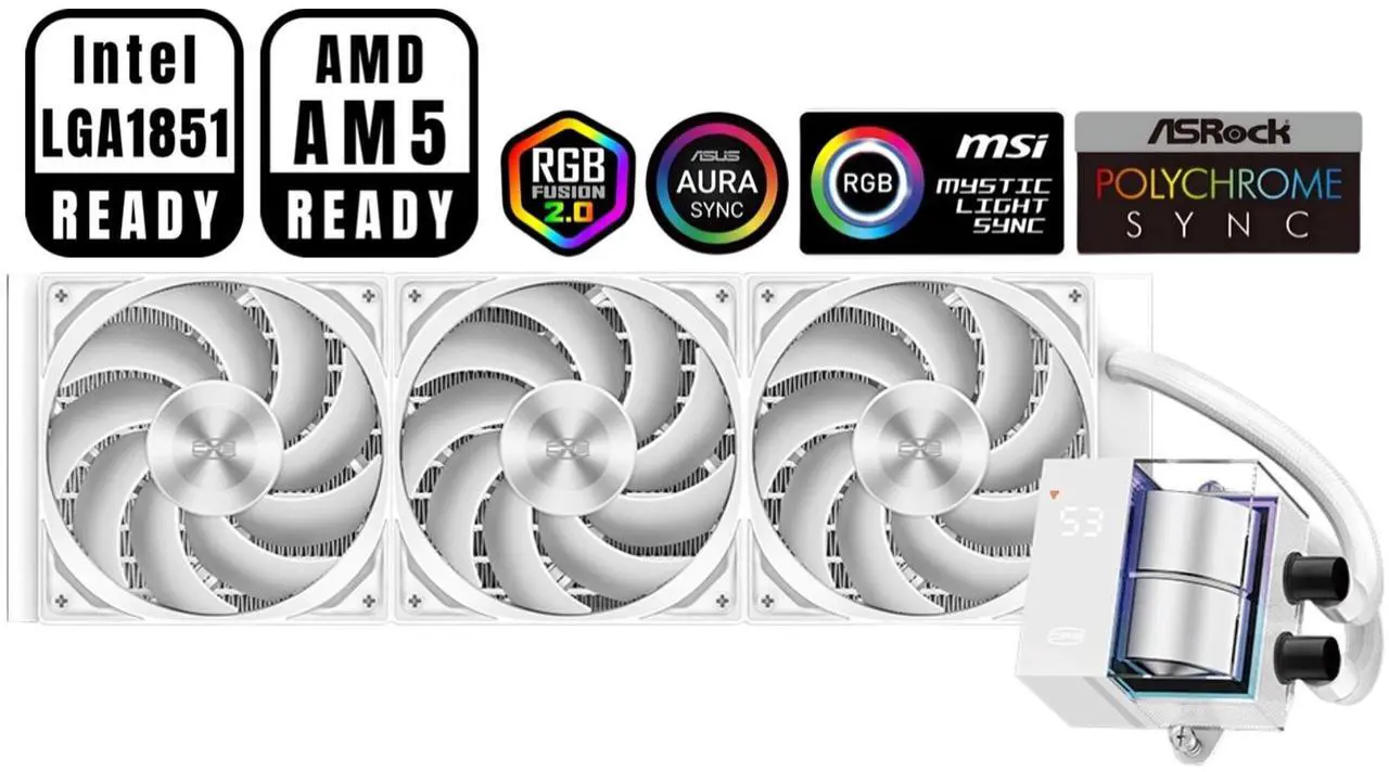 Main image of PCCOOLER CPS DS360 AIO CPU Liquid Cooler, 360mm Radiator, 310W TDP, Dual Chamber Pump, ARGB LEDs & Digital Display, Aluminum Pump Cover, for Intel LGA 1851/1700/1200/115X & AMD AM5/AM4, White