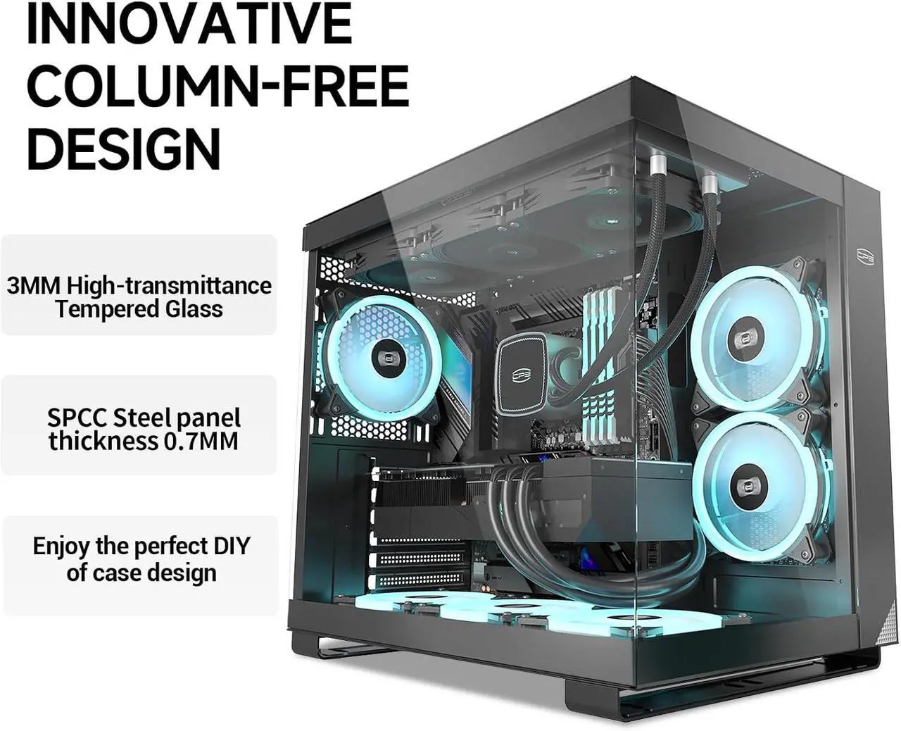 Alt view image 3 of 7 - PCCOOLER CPS C3 T500 ARGB PC Case, Dual-Chamber Mid-Tower ATX Case, Desktop Computer Case w/ 6 ARGB Fans Pre-installed w/ Fan Hub, Column-Free Design, Tempered Glass, USB 3.1 Gen 2 Type-C, Black