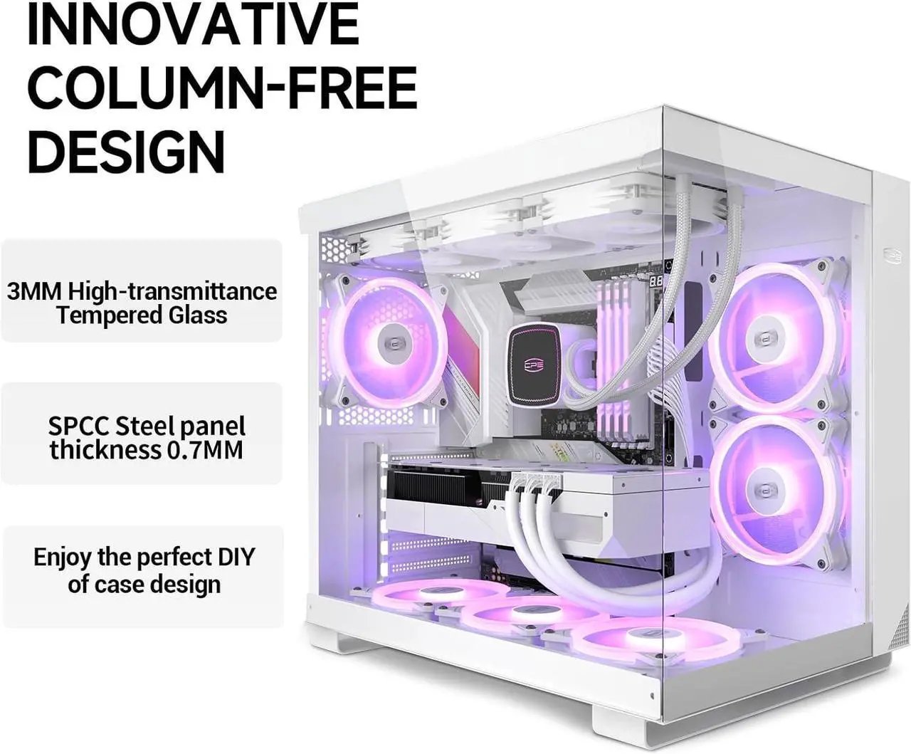 Alt view image 2 of 7 - PCCOOLER CPS C3 T500 ARGB PC Case, Dual-Chamber Mid-Tower ATX Case, Desktop Computer Case w/ 6 ARGB Fans Pre-installed w/ Fan Hub, Column-Free Design, Tempered Glass, USB 3.1 Gen 2 Type-C, White