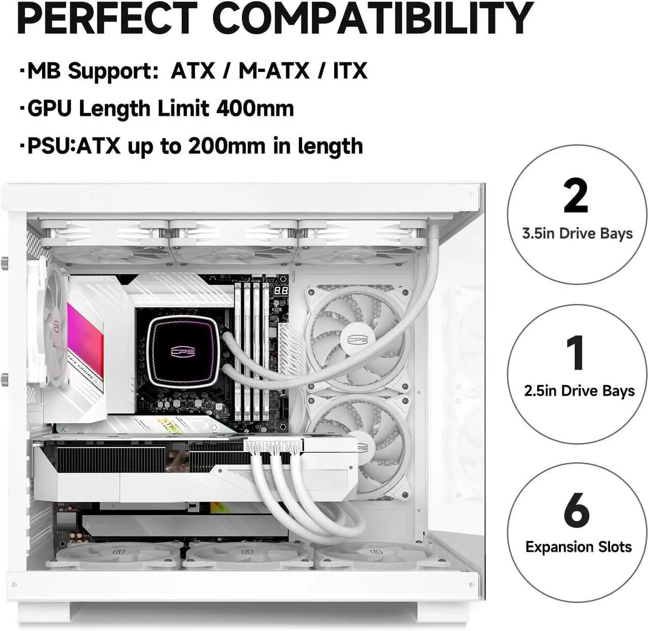 Alt view image 3 of 7 - PCCOOLER CPS C3 T500 ARGB PC Case, Dual-Chamber Mid-Tower ATX Case, Desktop Computer Case w/ 6 ARGB Fans Pre-installed w/ Fan Hub, Column-Free Design, Tempered Glass, USB 3.1 Gen 2 Type-C, White