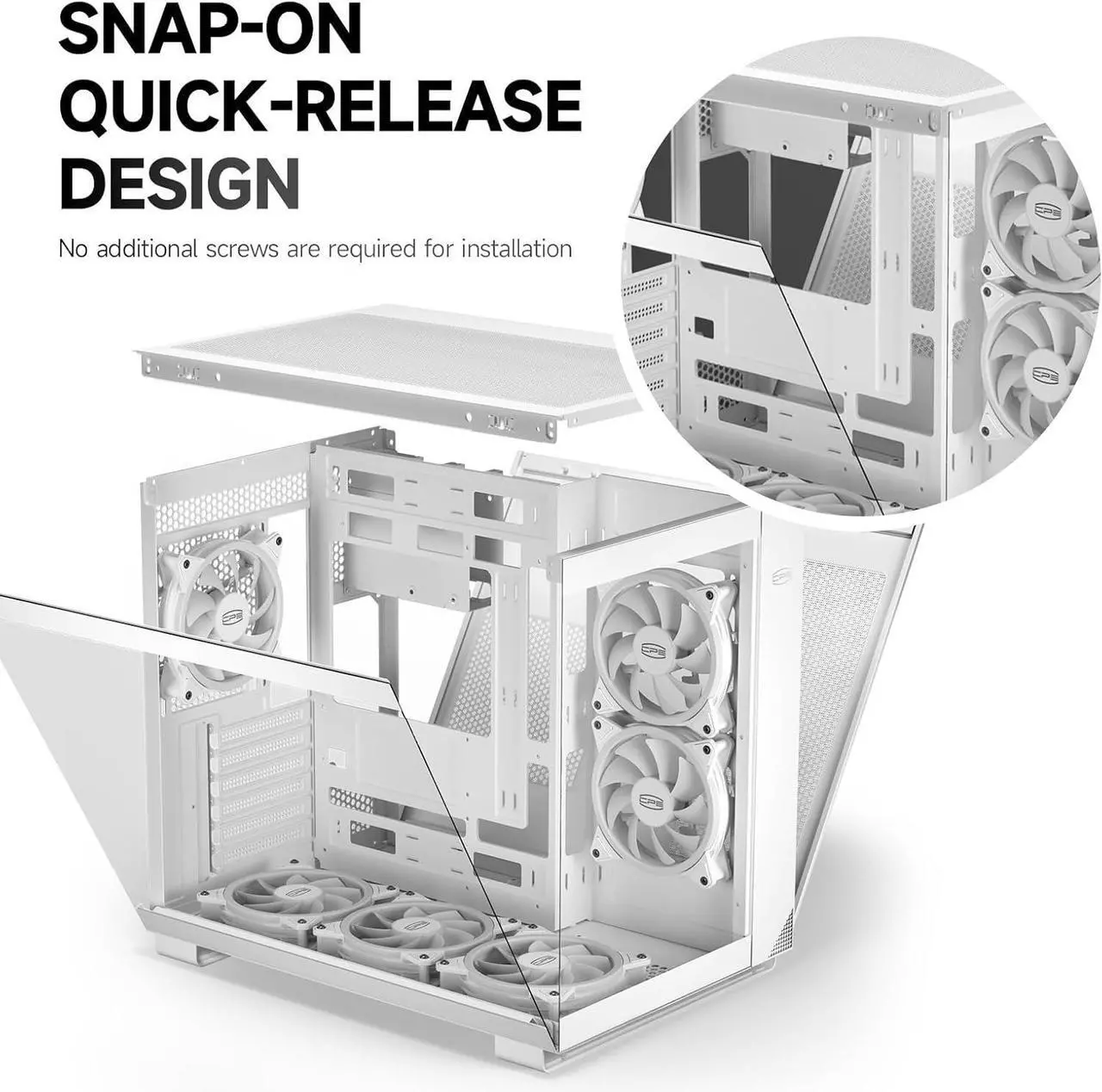 Alt view image 6 of 7 - PCCOOLER CPS C3 T500 ARGB PC Case, Dual-Chamber Mid-Tower ATX Case, Desktop Computer Case w/ 6 ARGB Fans Pre-installed w/ Fan Hub, Column-Free Design, Tempered Glass, USB 3.1 Gen 2 Type-C, White
