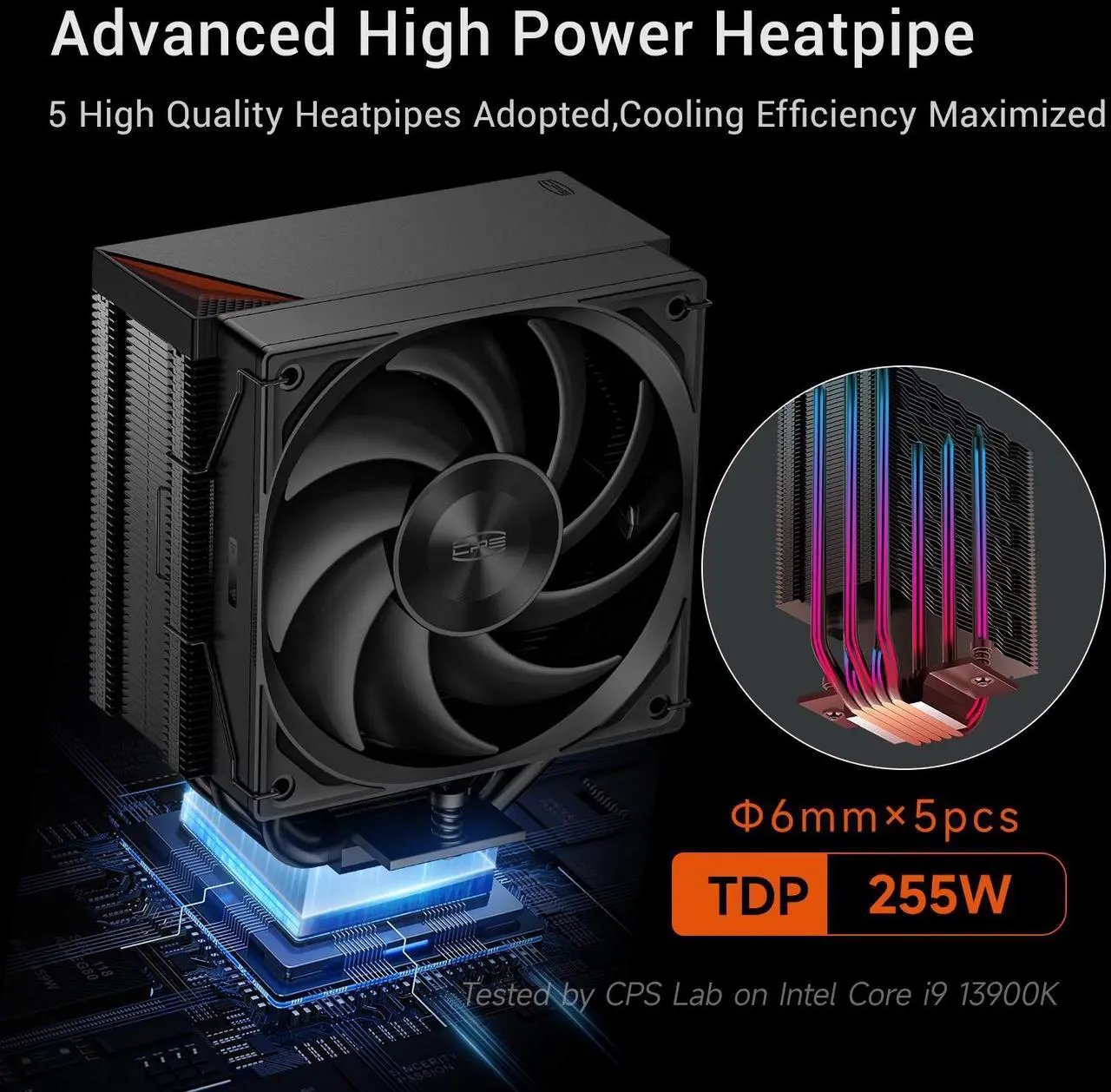 Alt view image 2 of 7 - PCCOOLER CPS RZ500 CPU Air Cooler, 5 Direct Contact Heat Pipes, Fully Covering CPU Hotspot, 255W TDP, 155mm (H), 120mm PWM Fan, for AMD AM5/AM4 & Intel 1851/1700/1200/115X, Black