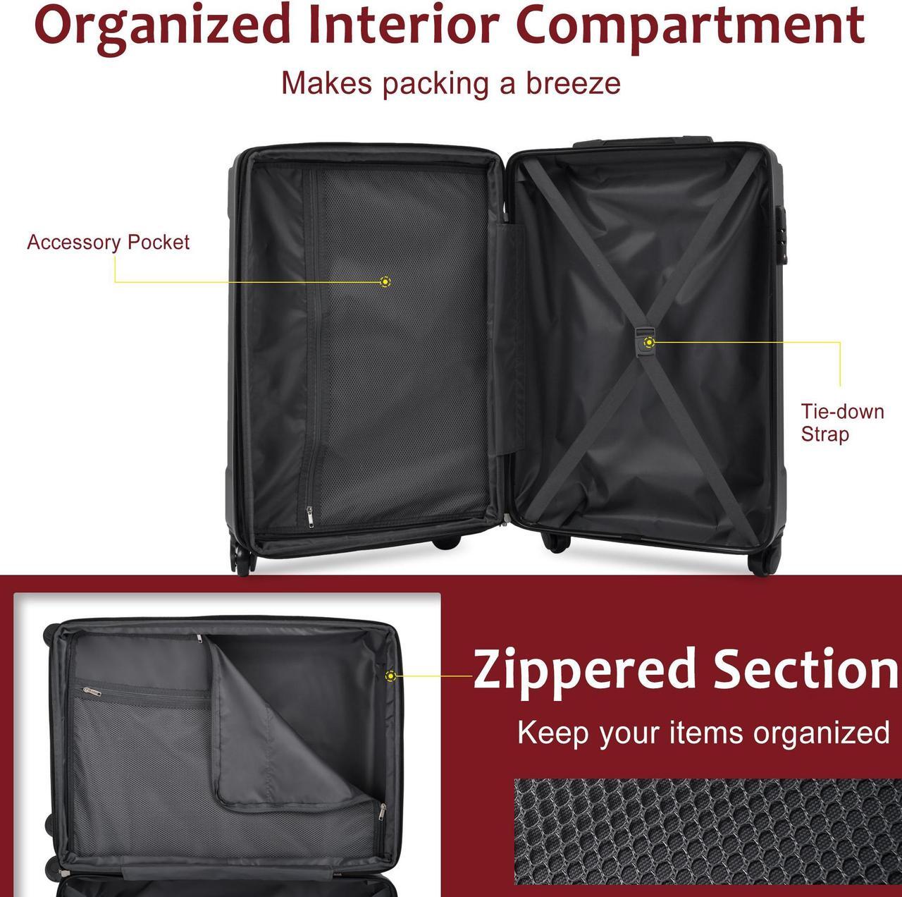 Alt view image 5 of 7 - Hardshell Luggage Sets 3 Pcs Spinner Suitcase with TSA Lock Lightweight 20''24''28'' Black