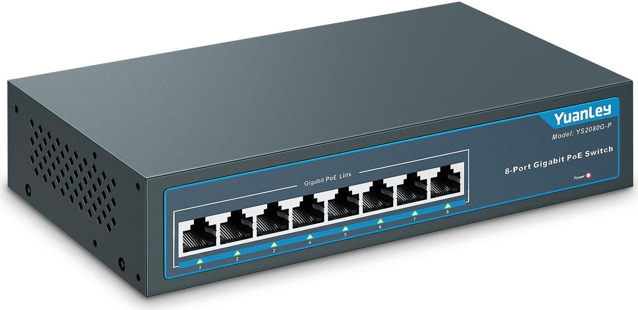 YuanLey 8 Port Gigabit PoE Switch, 8 PoE+ Ports 1000Mbps, 120W 802.3af/at, Metal Fanless Unmanaged Plug and Play