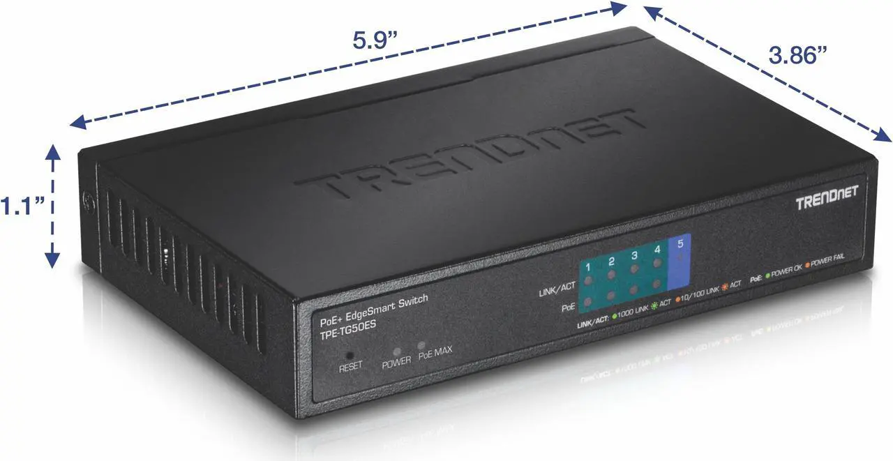Alt view image 4 of 9 - TRENDnet TPE-TG50ES 5-Port Gigabit EdgeSmart PoE+ Switch (31W)