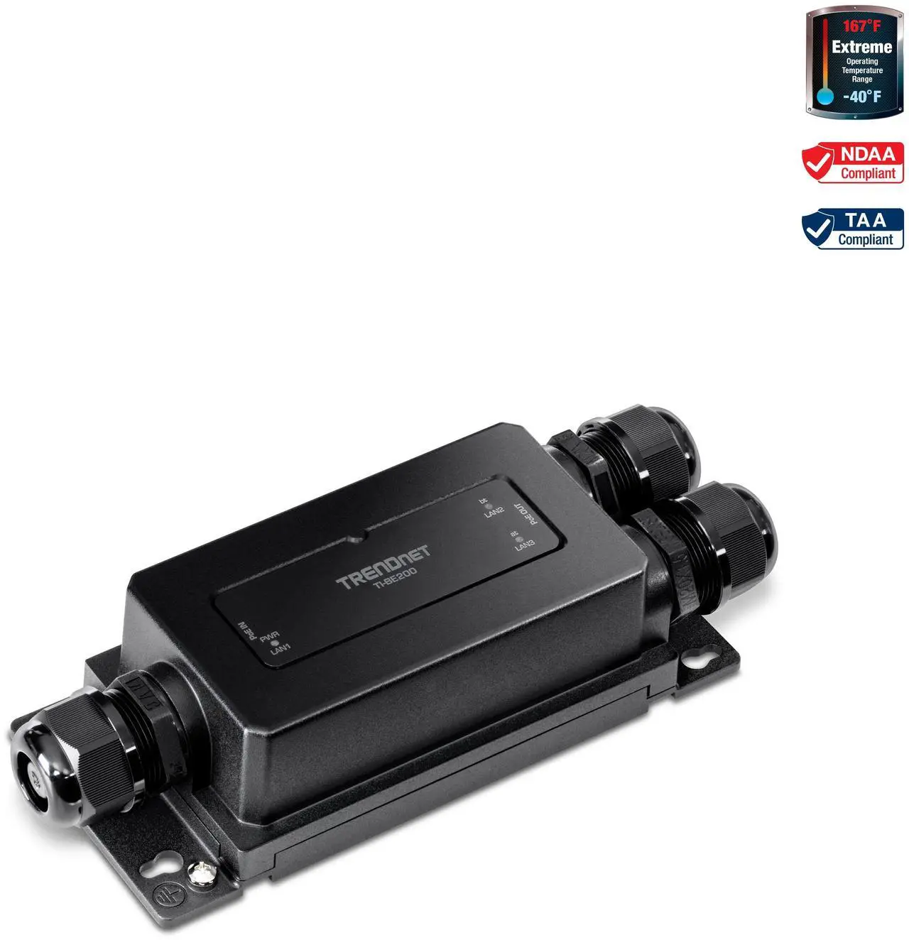 Main image of TRENDnet 2-Port Industrial Outdoor Gigabit PoE++ Extender, Extends PoE++ Connection up to 200m (656 ft.) for up to 2 Devices, TI-BE200