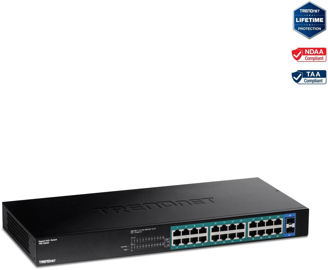 Main image of TRENDnet 26-Port Gigabit PoE+ Switch, 24 x 30W PoE+ Ports, 2 Gigabit SFP Slots, 380W PoE Budget, 52Gbps Switching Capacity, 1U 19 Rack Mountable, Lifetime Protection, Black, TPE-TG262