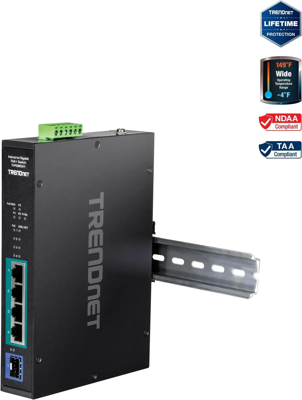 Main image of TRENDnet TI-PGM541, 5-port Industrial Gigabit PoE+ DIN-Rail Switch
-20°  65°C (-4°  149°F)